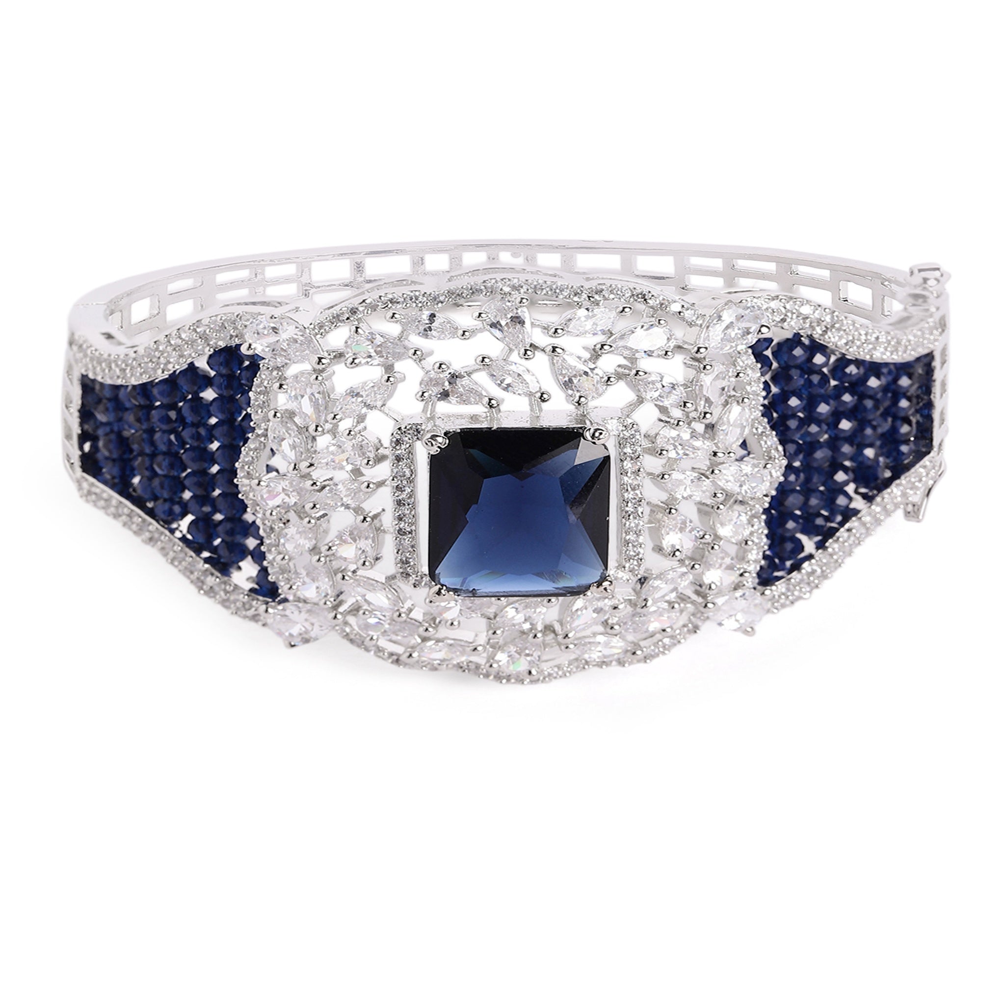 Women Cubic Zirconia Rhodium-Plated Kada Bracelet-Blue