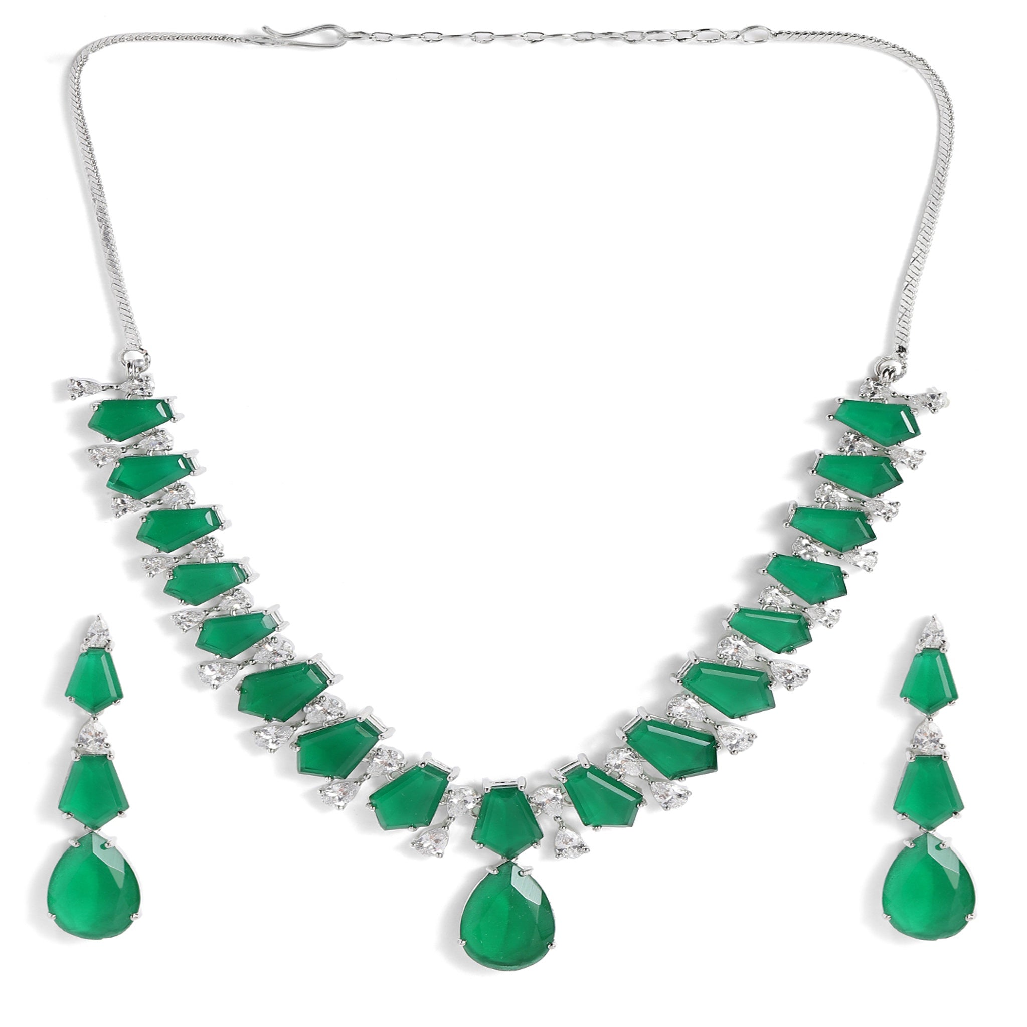 Rhodium-Plated Silver-Toned & Emerald Green AD-Studded Jewellery Set