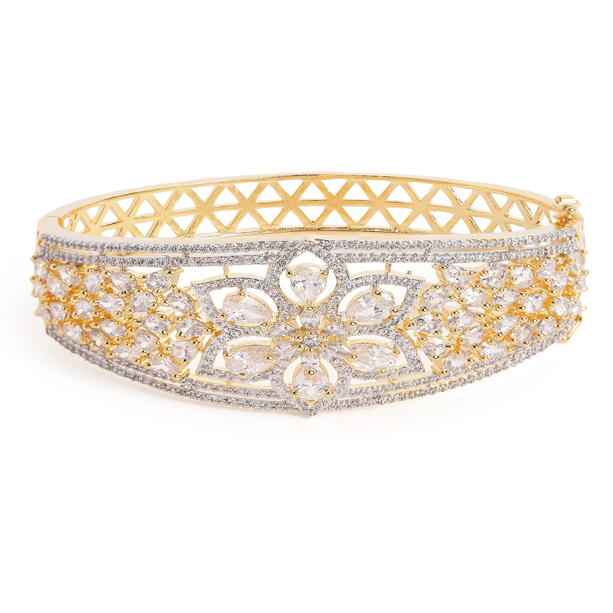 Women Cubic Zirconia Gold-Plated Kada Bracelet White-White