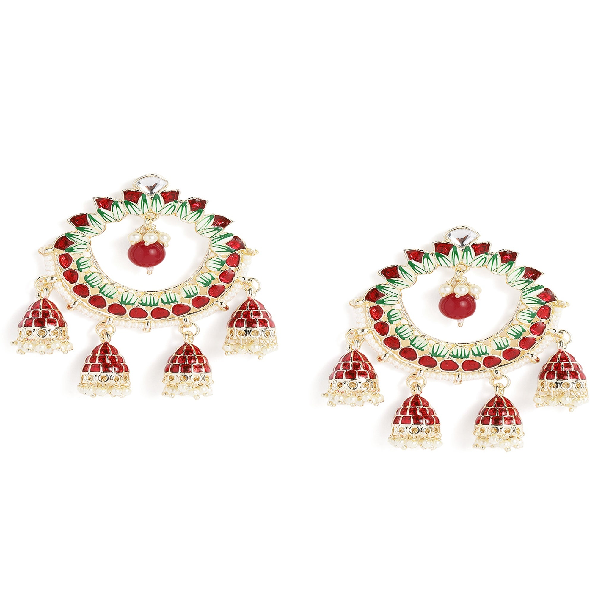 Classic Maroon Green Gold-Plated Cresent Shaped Drop Earrings
