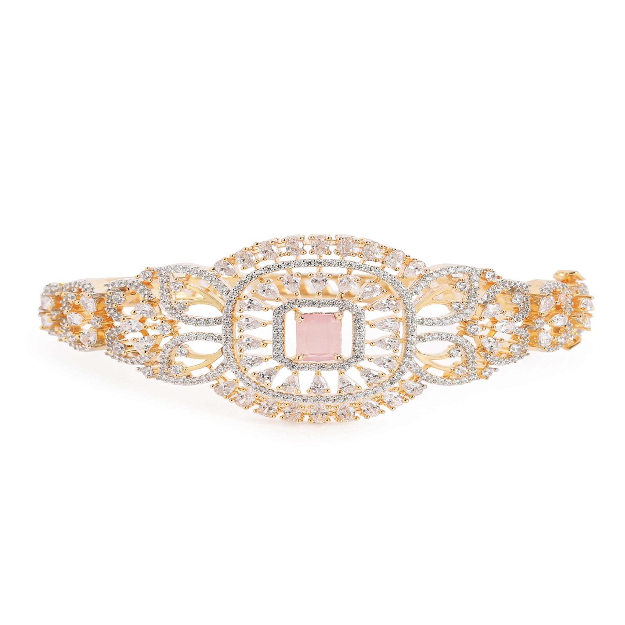 Women Gold-Plated Cubic Zirconia Studded Kada Bracelet-Pink
