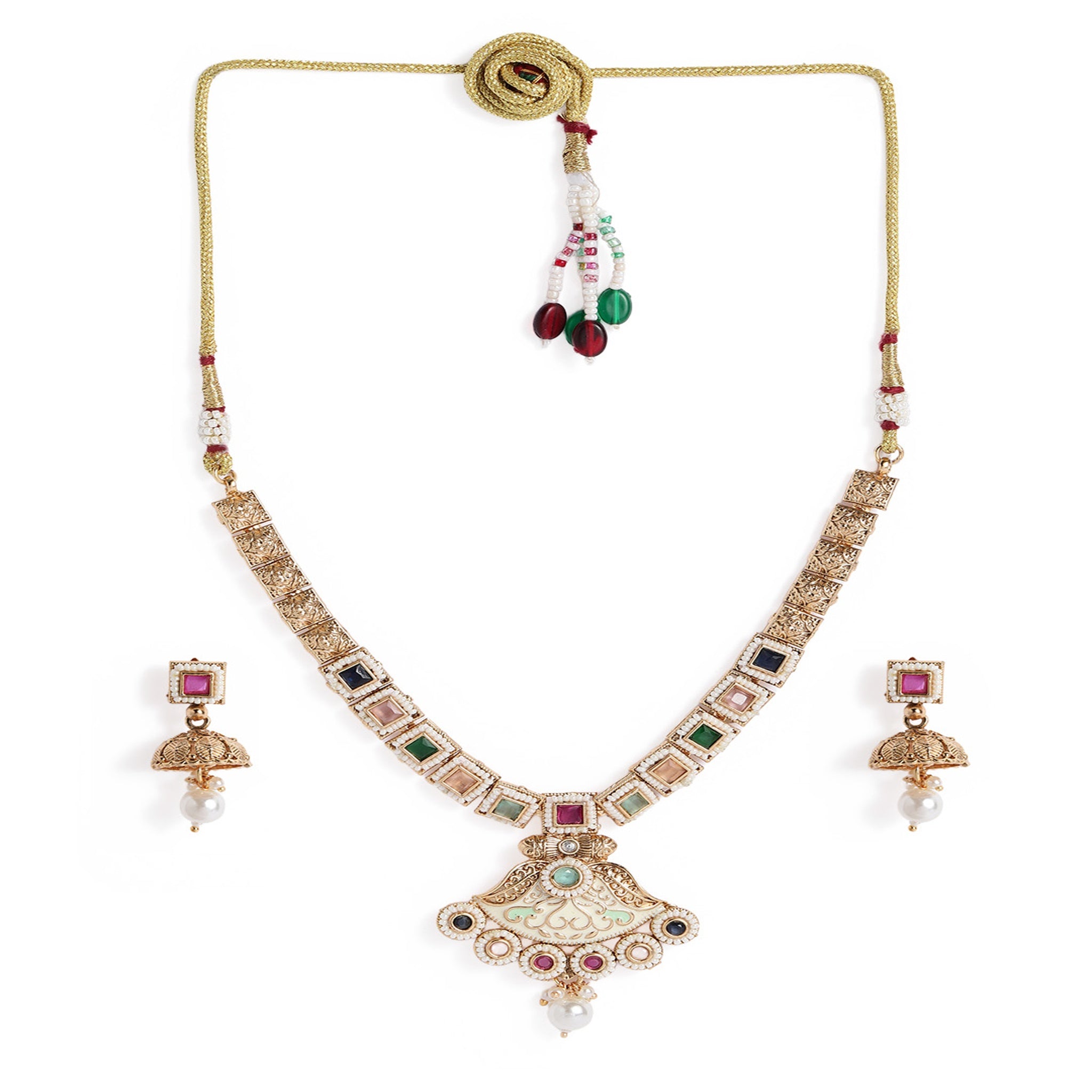 Gold Plated Antique Multi- Color Enamelled Necklace Set