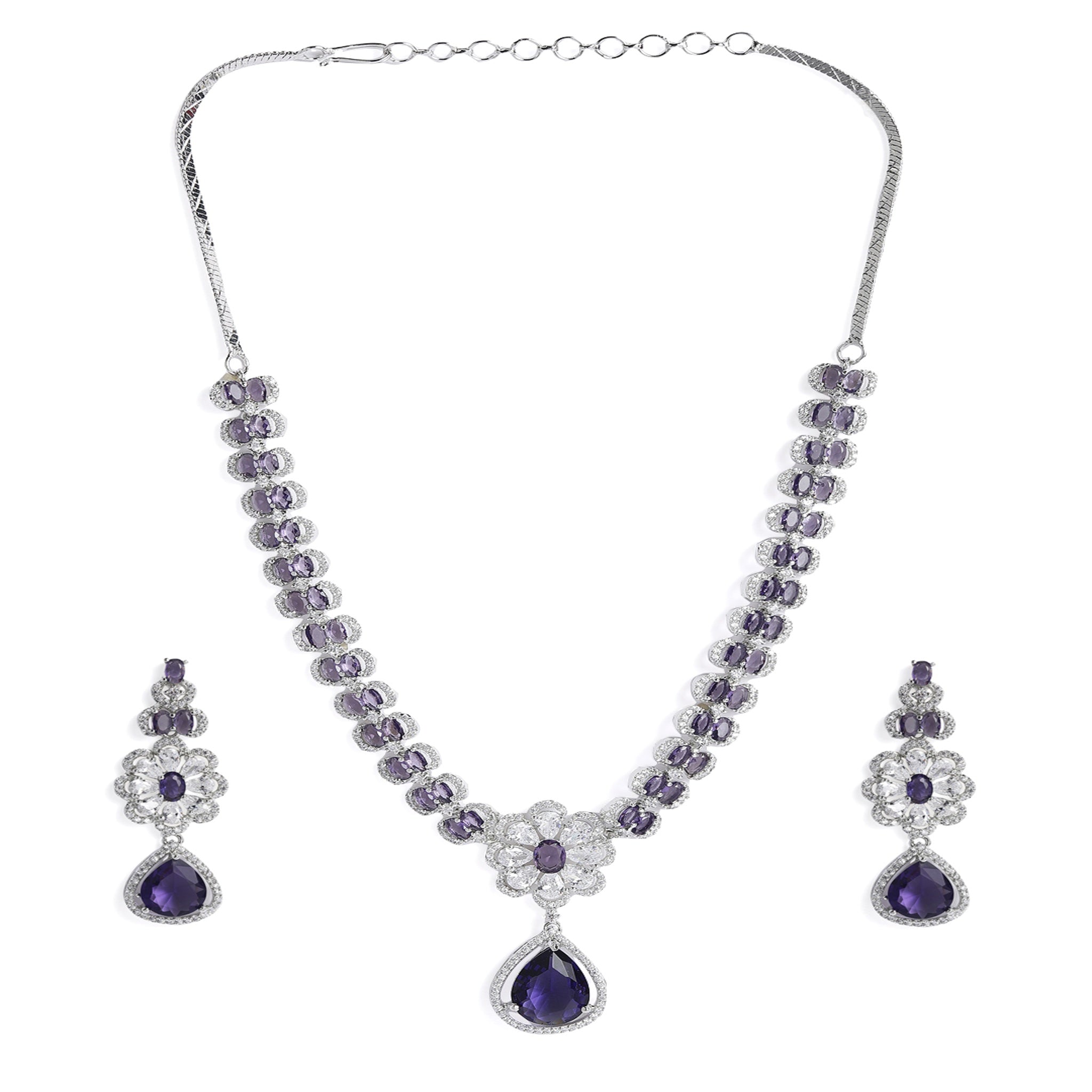 Rhodium-Plated Silver-Toned & Purple AD-Studded Jewellery Set
