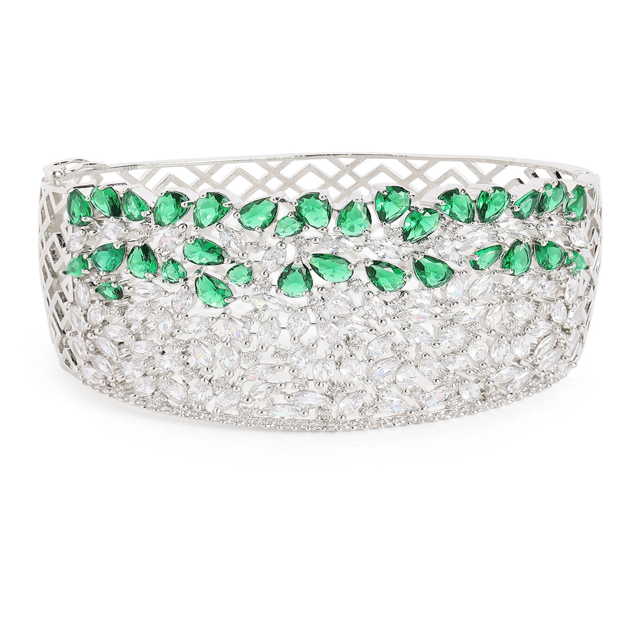 Women Cubic Zirconia Rhodium-Plated Kada Bracelet-Green