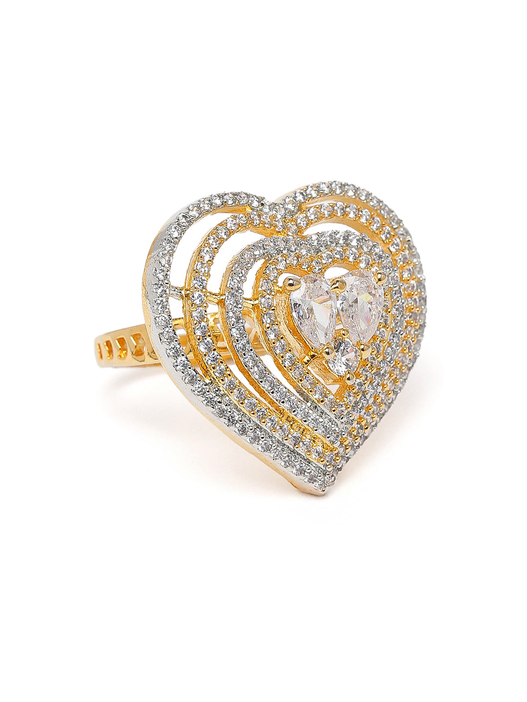Lavish Giftz Heart-Shaped American Diamond Adjustable Ring with Two-Tone Rhodium Plating