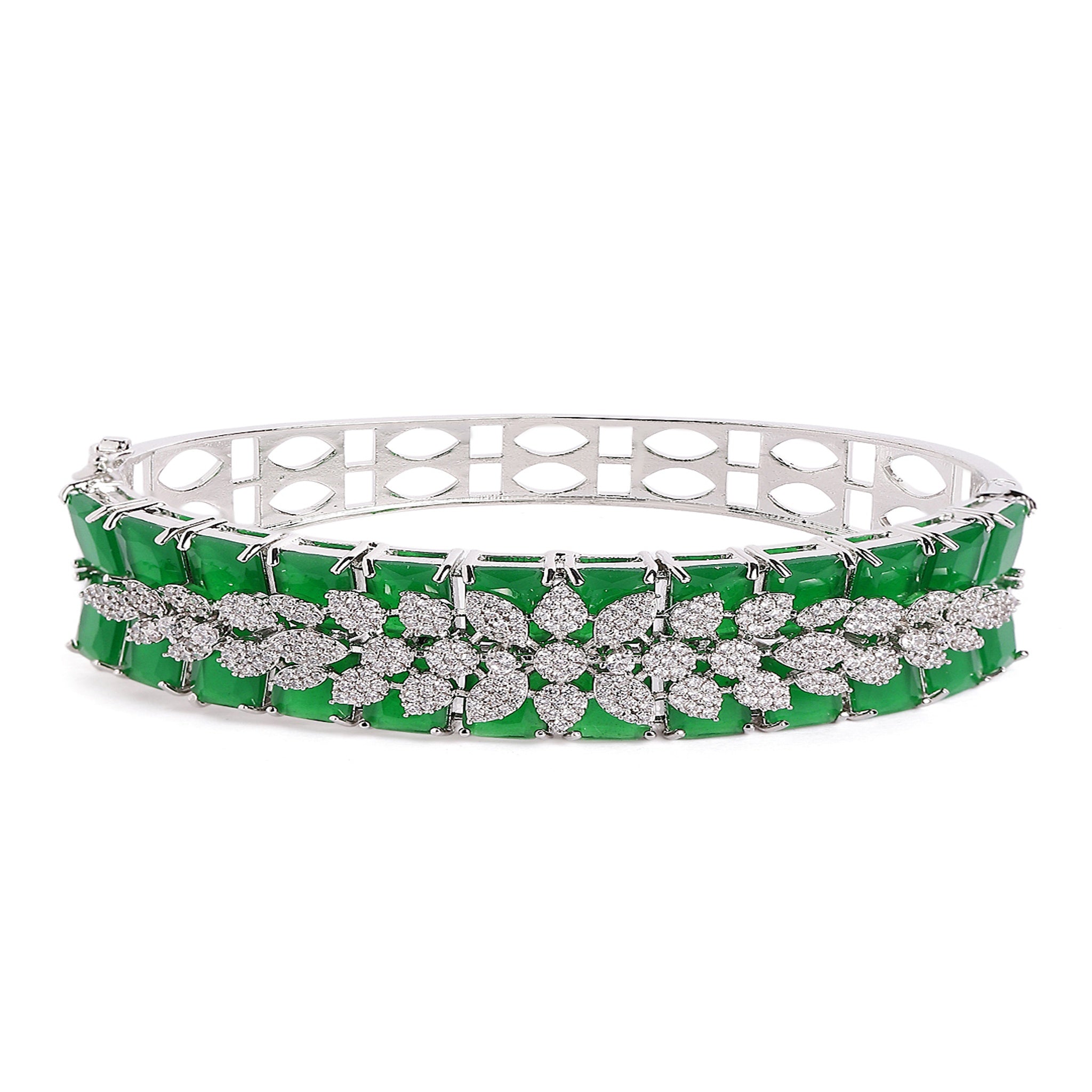 Women Cubic Zirconia Rhodium-Plated Kada Bracelet-Green