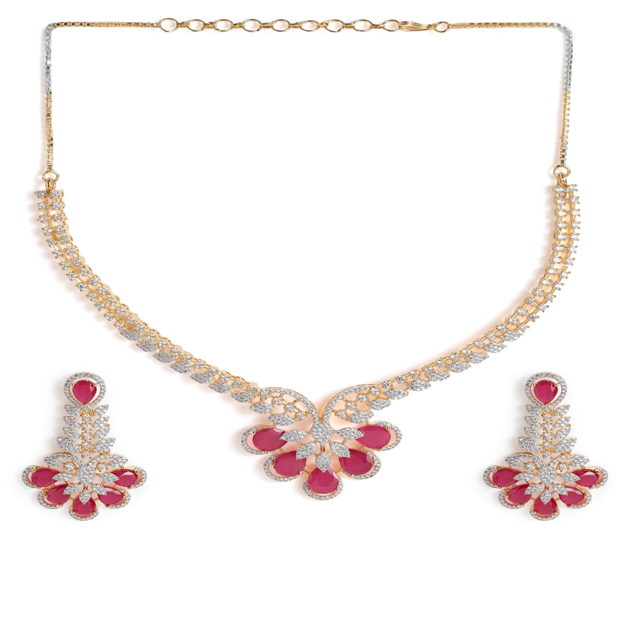 Gold Plated White & Ruby AD-Studded Jewellery Set
