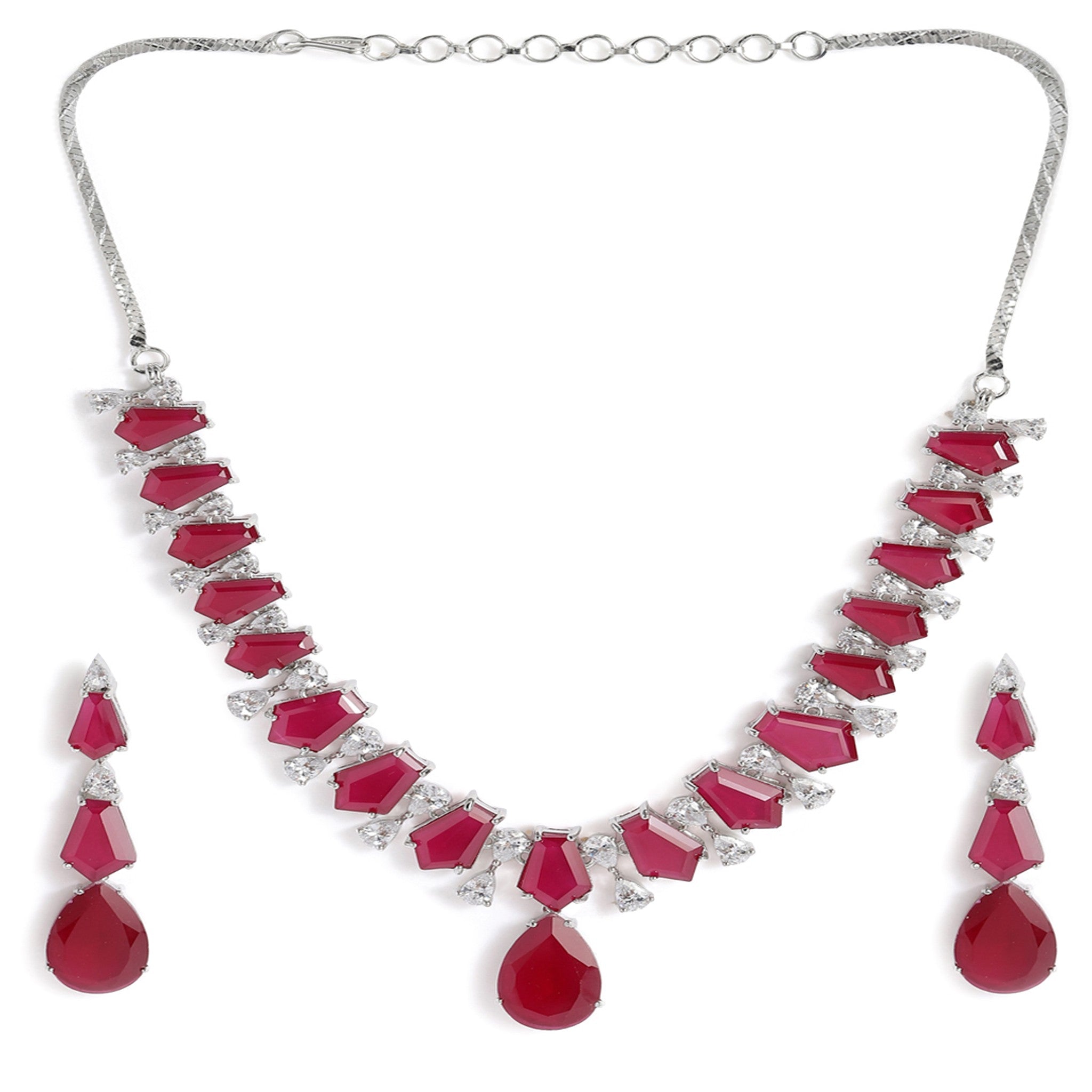Rhodium-Plated Silver-Toned & Ruby Pink AD-Studded Jewellery Set