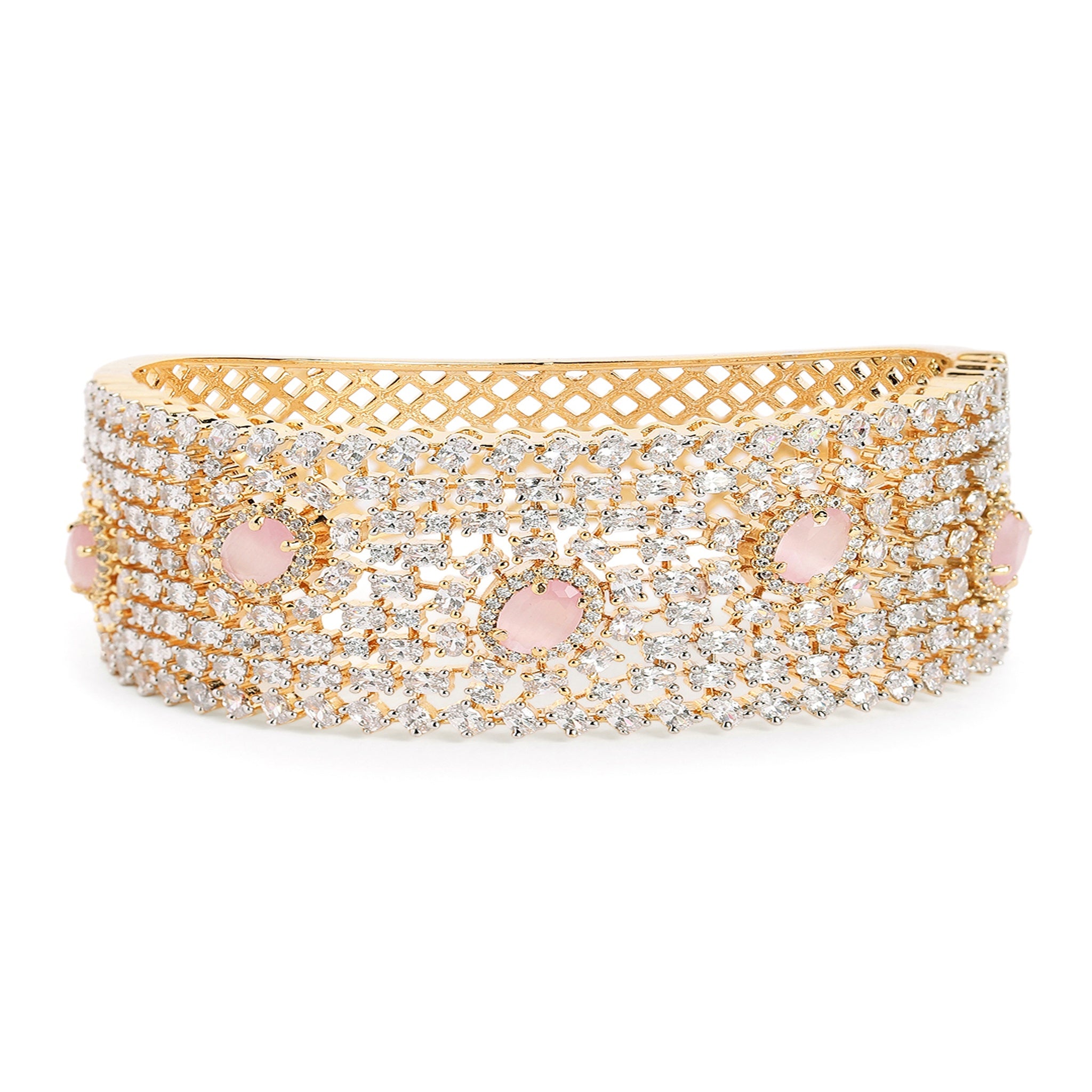 Women Gold-Plated Cubic Zirconia Studded Kada Bracelet-Pink
