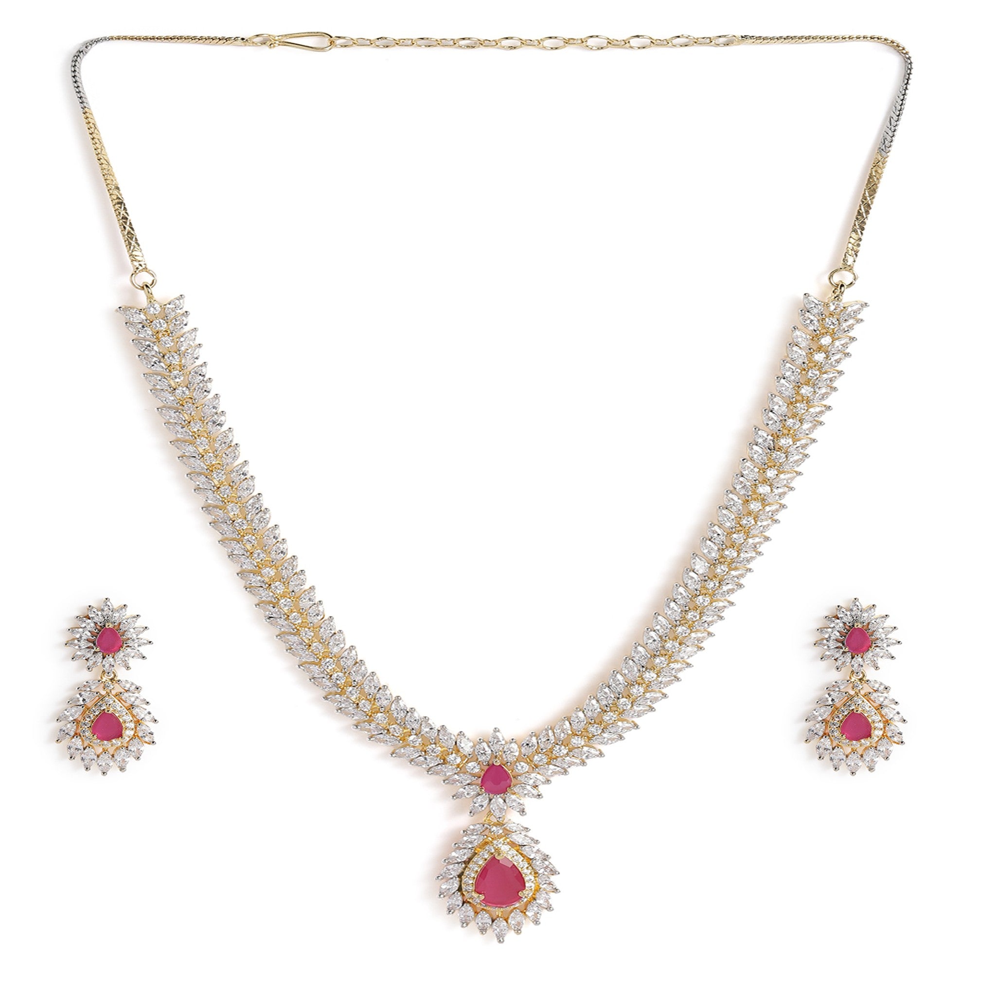 Gold Plated Ruby Pink AD-Studded Jewellery Set