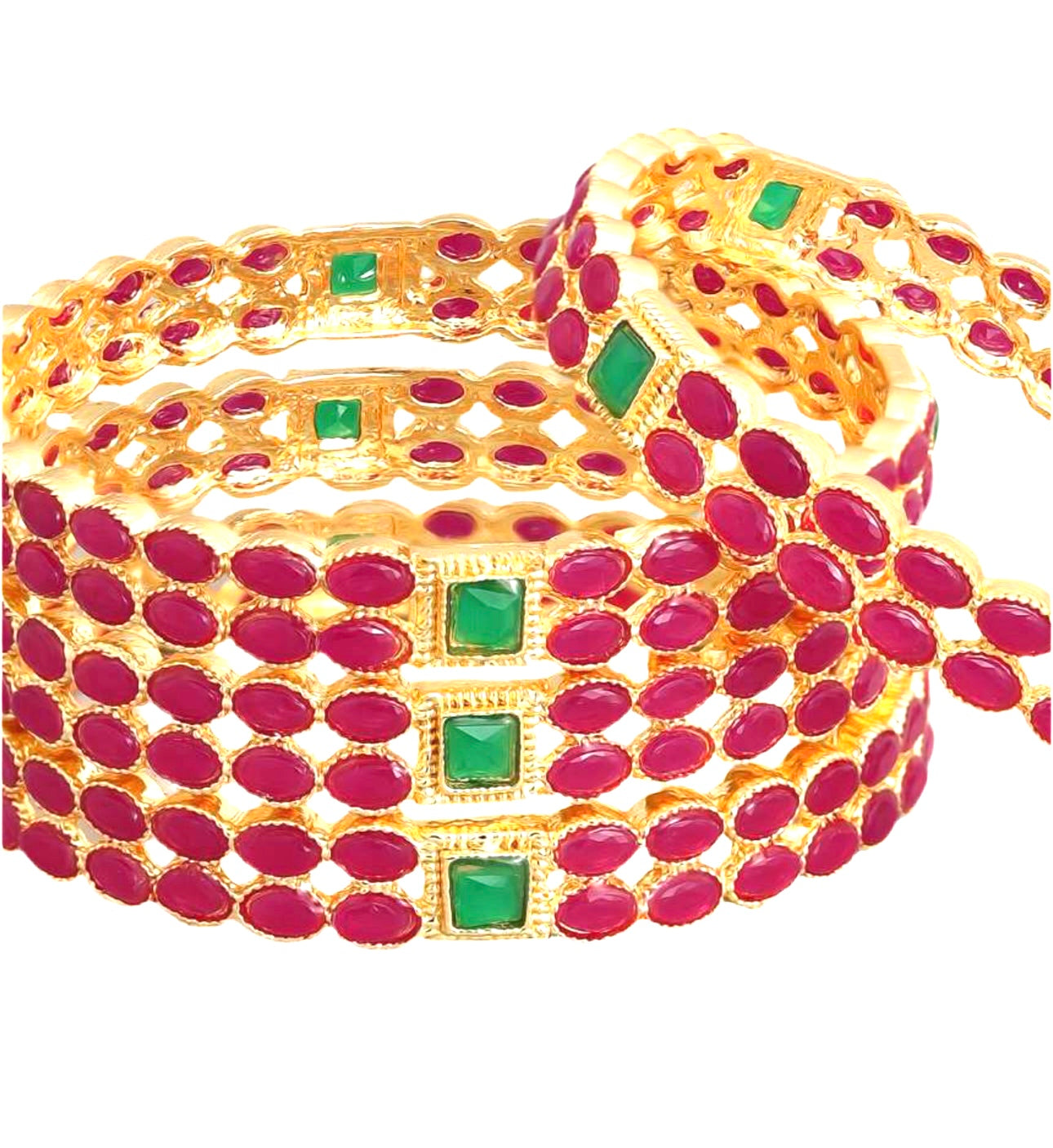 Lavish Giftz Gold Plated Pink and Green Stone Studded Bangles - Set Of 4