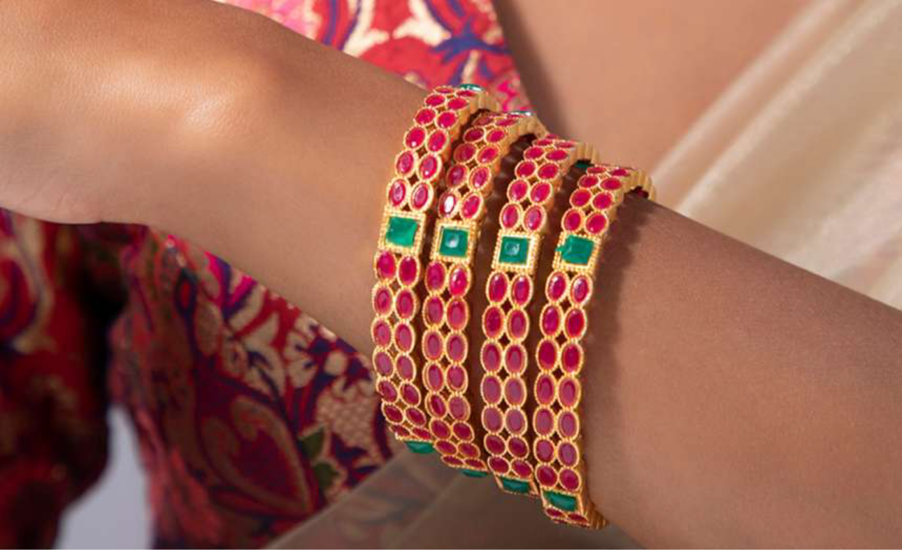 Lavish Giftz Gold Plated Pink and Green Stone Studded Bangles - Set Of 4