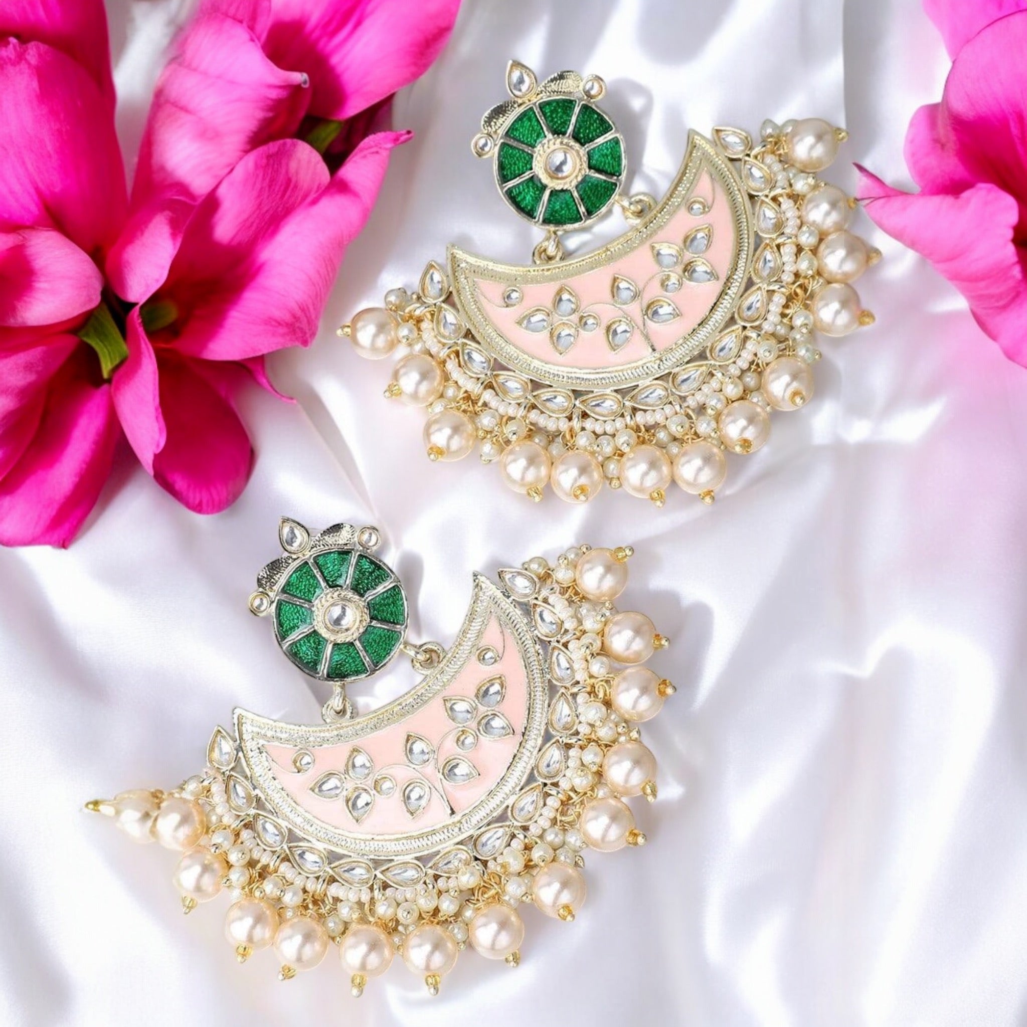 Lavish Giftz Gold Plated Pink & Green Crescent Chandbali Earrings