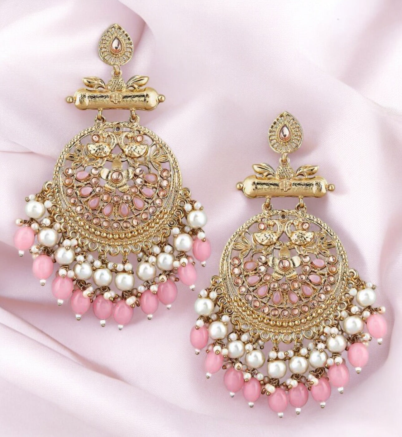 Lavish Giftz Gold Plated Pink Beads Chandbali Earrings