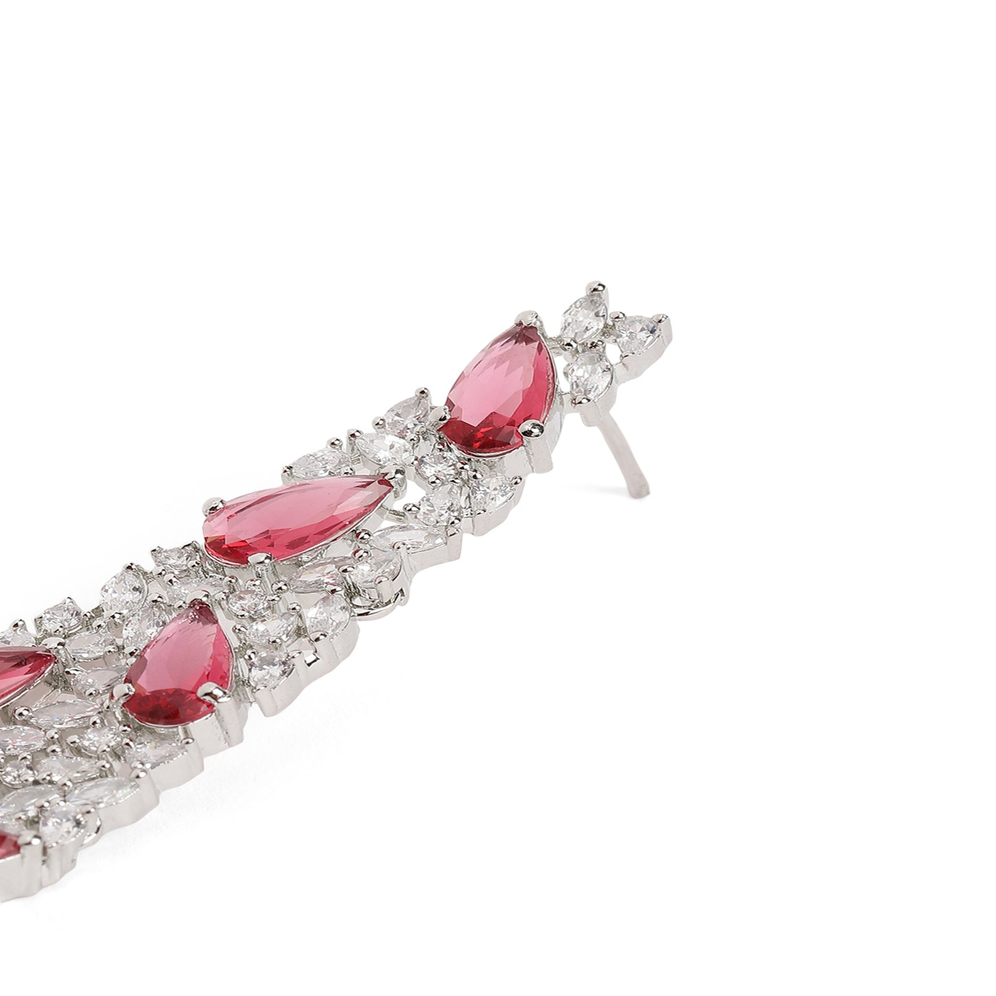 Silver-Toned American Diamonds Rani Pink Drop Earrings