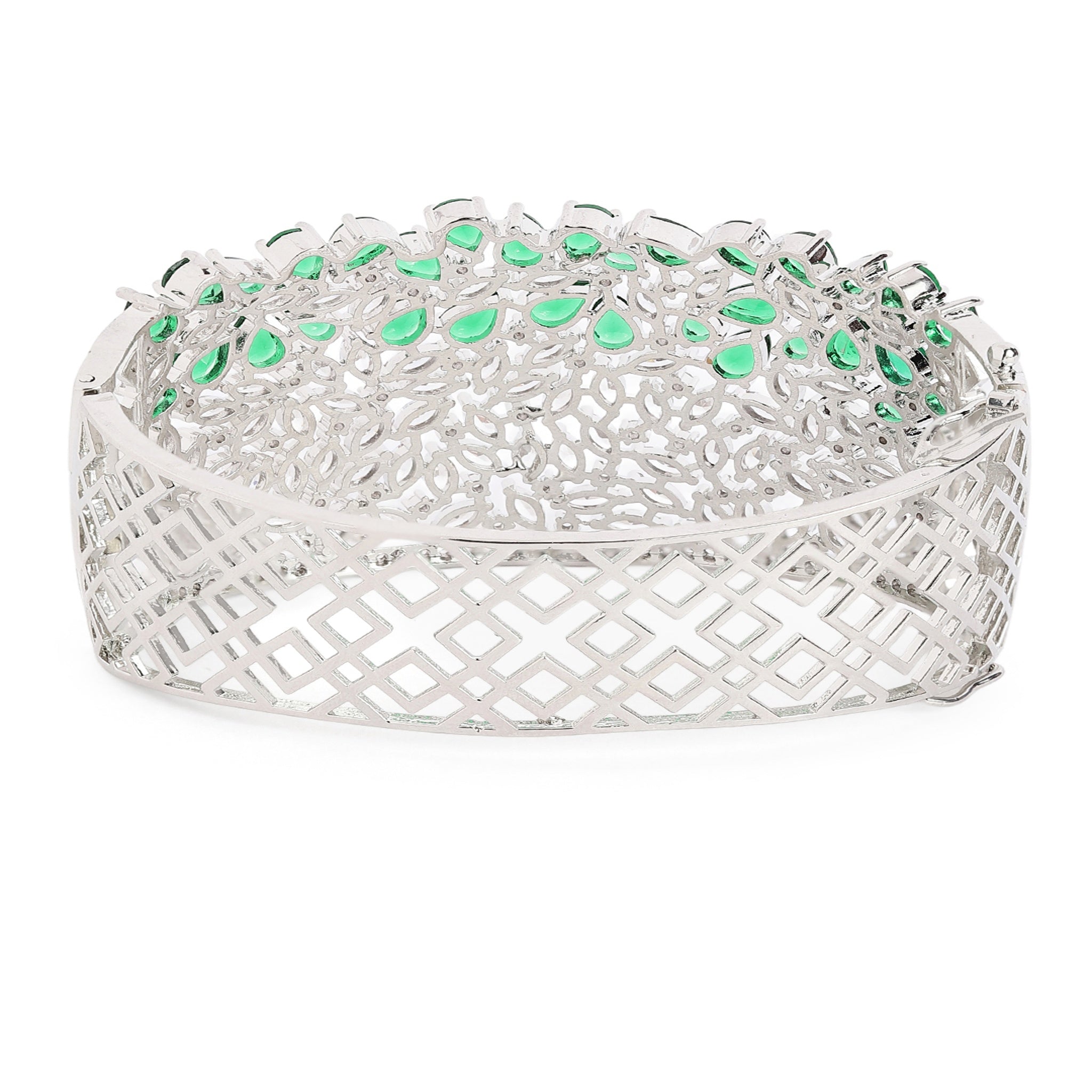 Women Cubic Zirconia Rhodium-Plated Kada Bracelet-Green