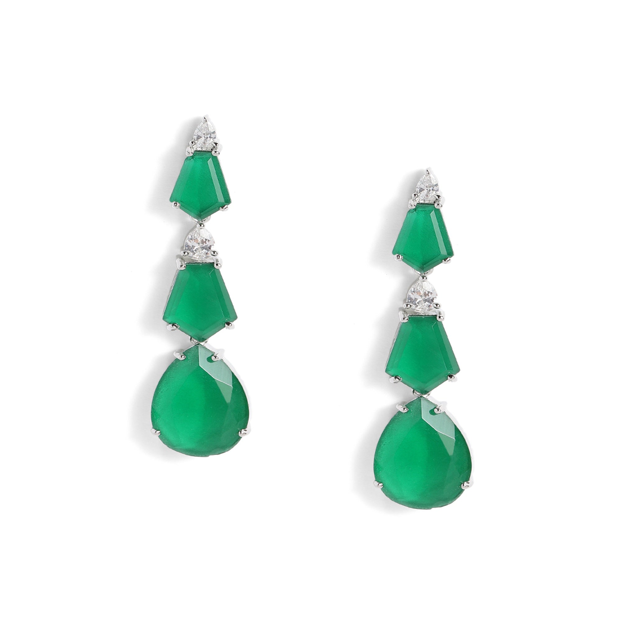 Rhodium-Plated Silver-Toned & Emerald Green AD-Studded Jewellery Set