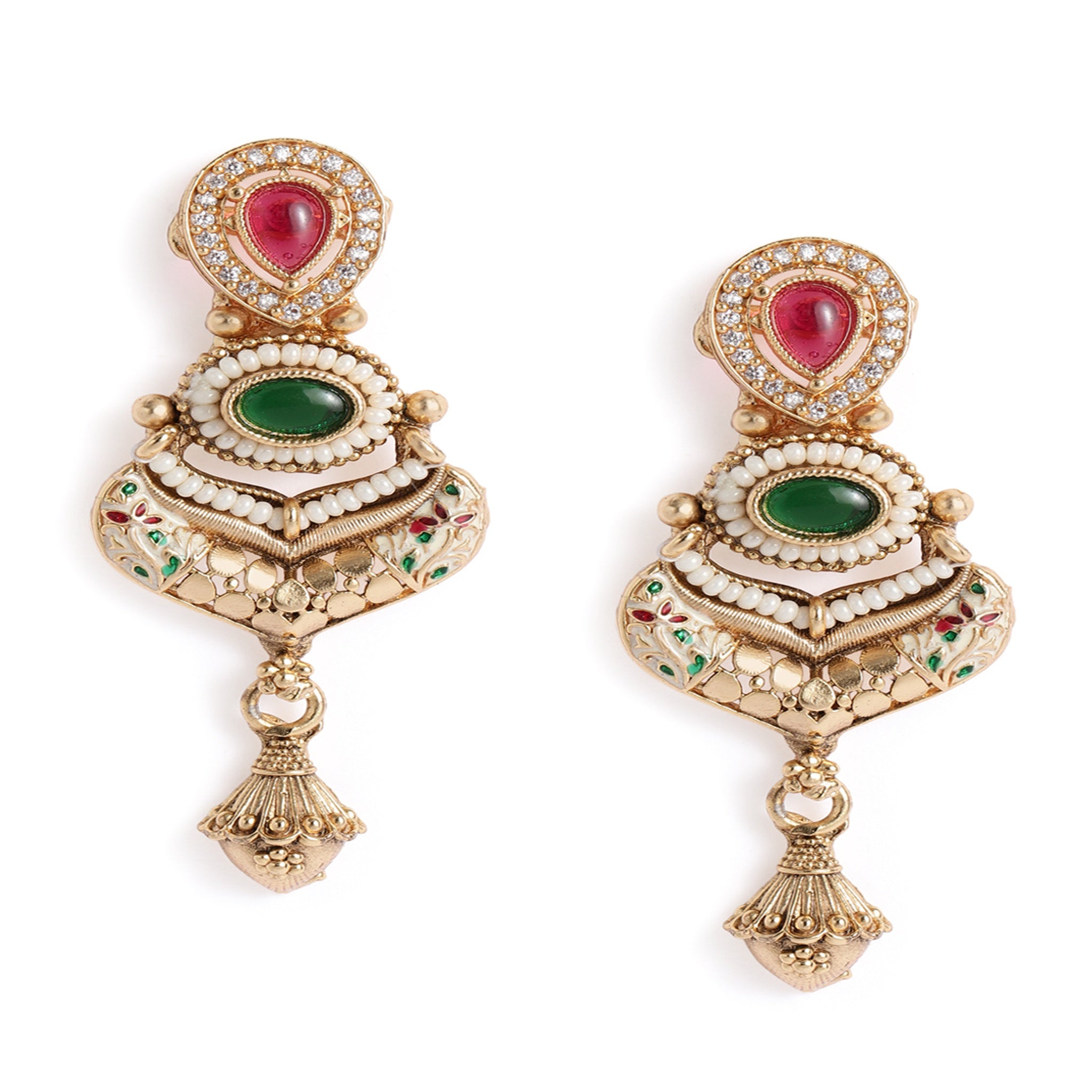 Gold-Plated Meenakari Antique Stones & Beads Studded Jewellery Set