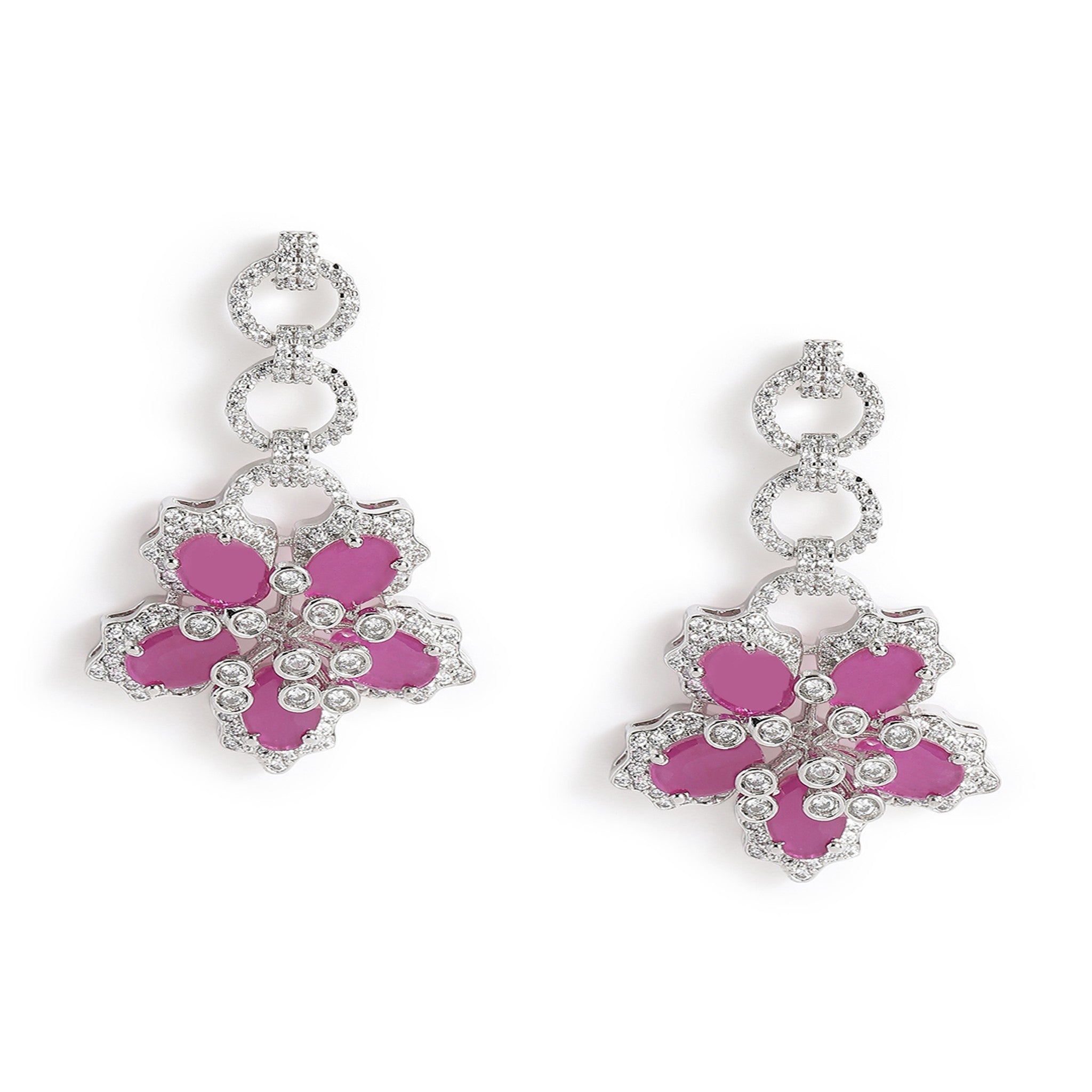 Rhodium-Plated Silver-Toned & White & Ruby AD-Studded Jewellery Set