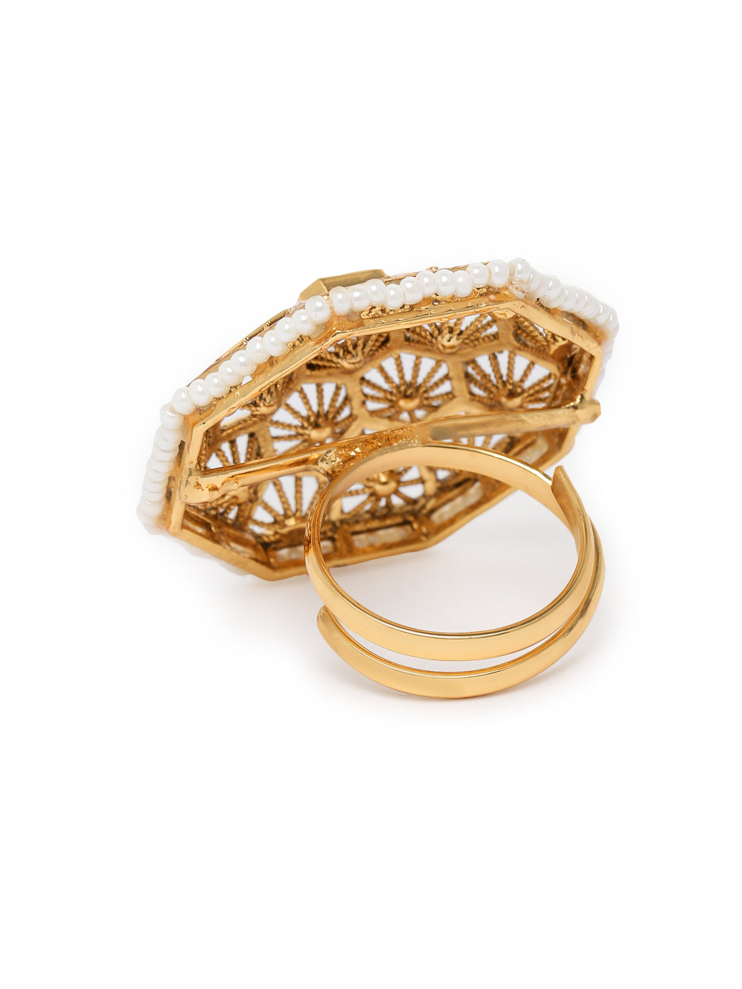 Lavish Giftz Gold-Plated Antique Adjustable Kundan Handcrafted Finger Ring With Pearl Accents