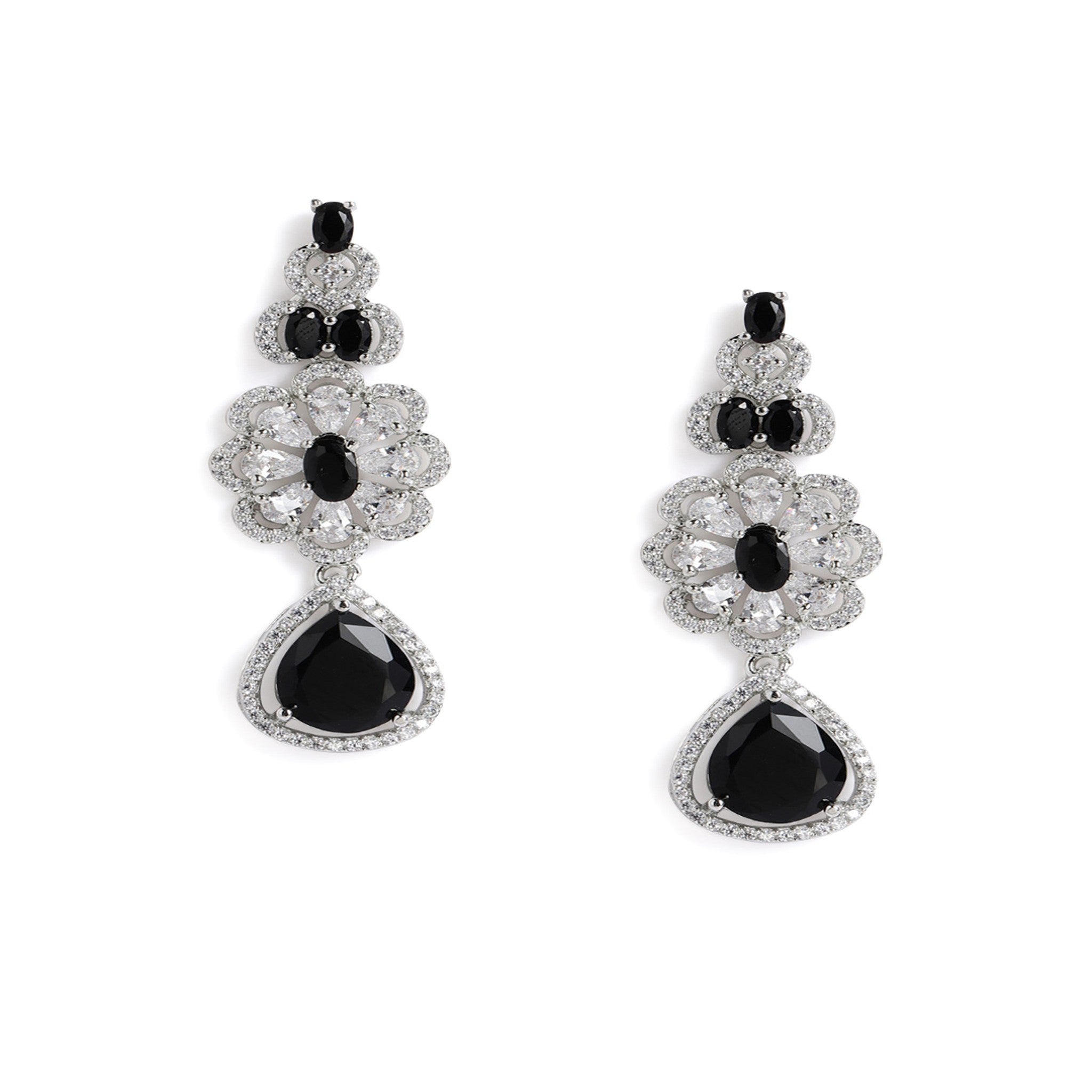 Rhodium-Plated Silver-Toned & Black AD-Studded Jewellery Set