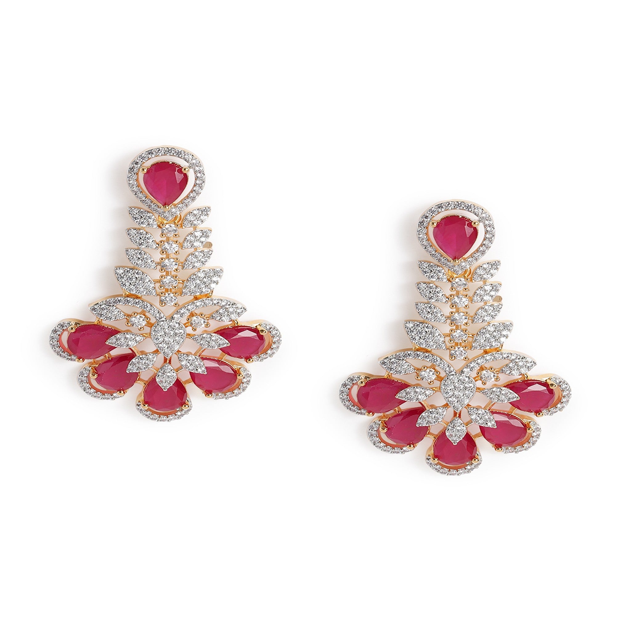 Gold Plated White & Ruby AD-Studded Jewellery Set