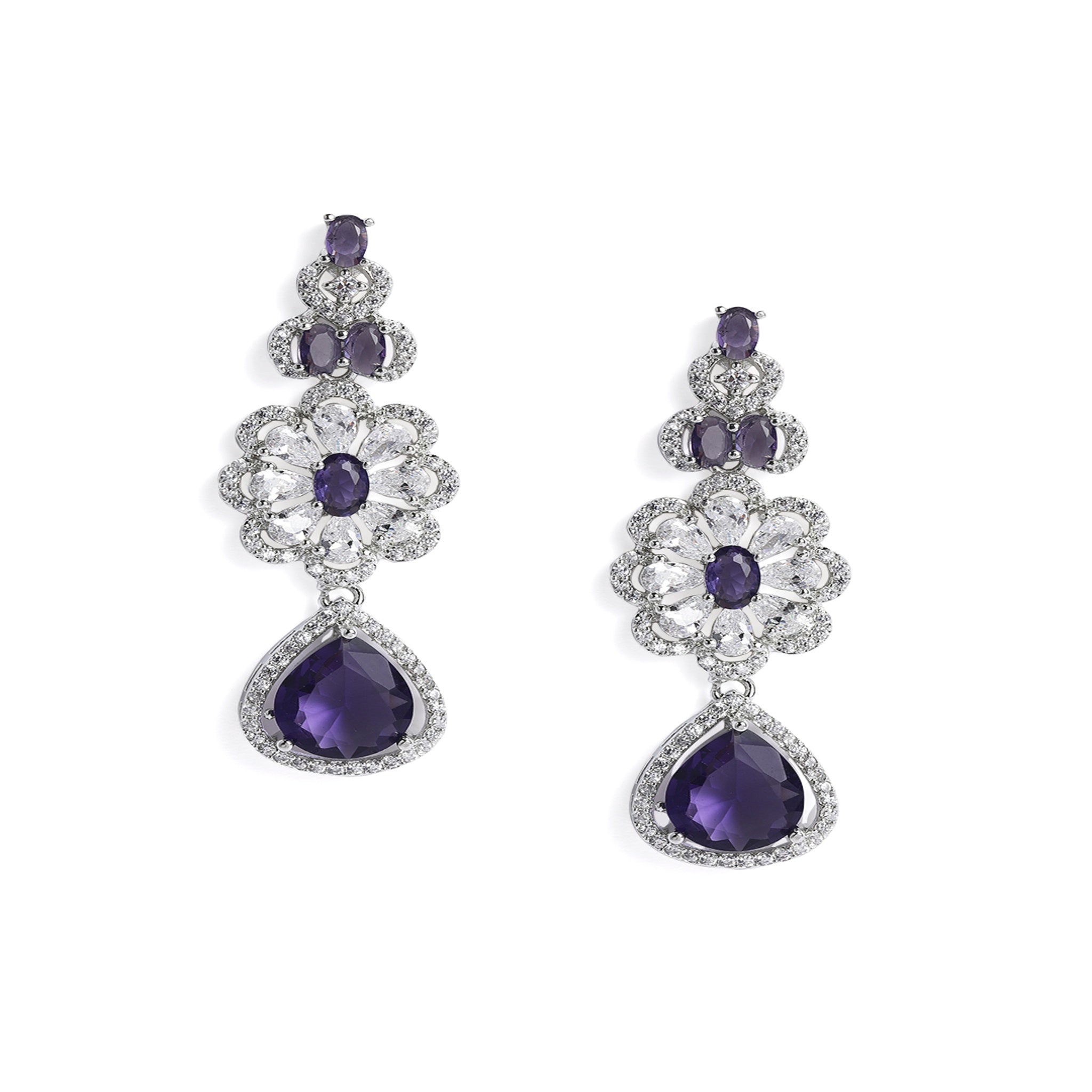 Rhodium-Plated Silver-Toned & Purple AD-Studded Jewellery Set