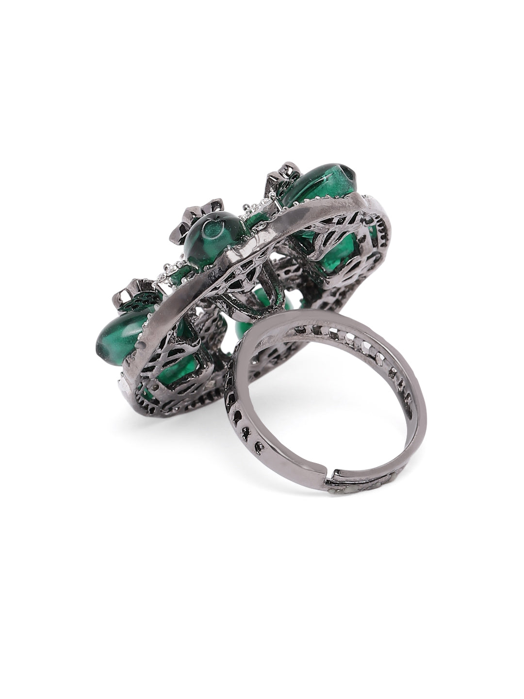 Lavish Giftz Adjustable Cubic Zirconia Green Statement Ring With Black Plating