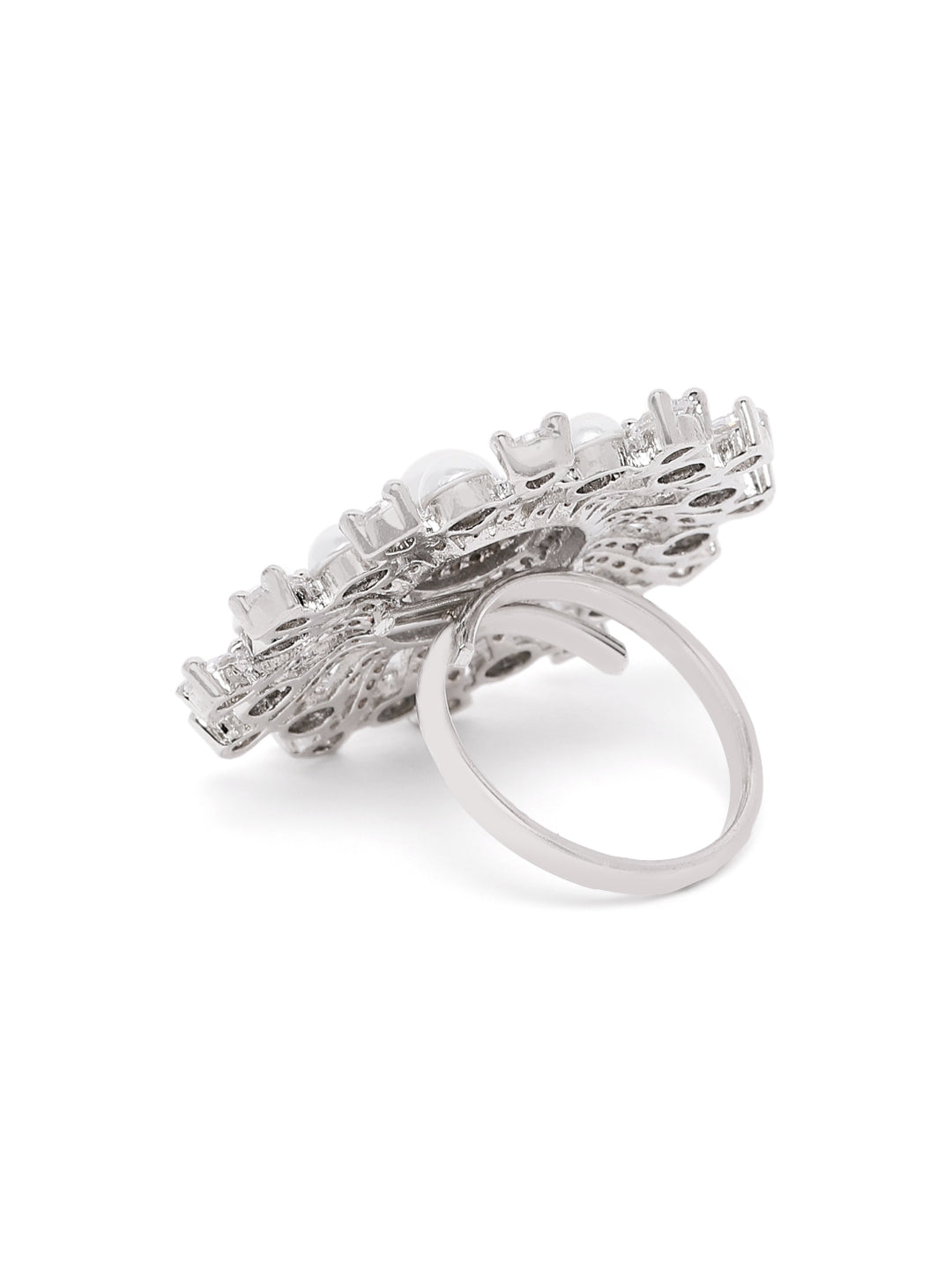 Lavish Giftz Elegant Cubic Zirconia Adjustable Ring with Pearls and Rhodium Plating