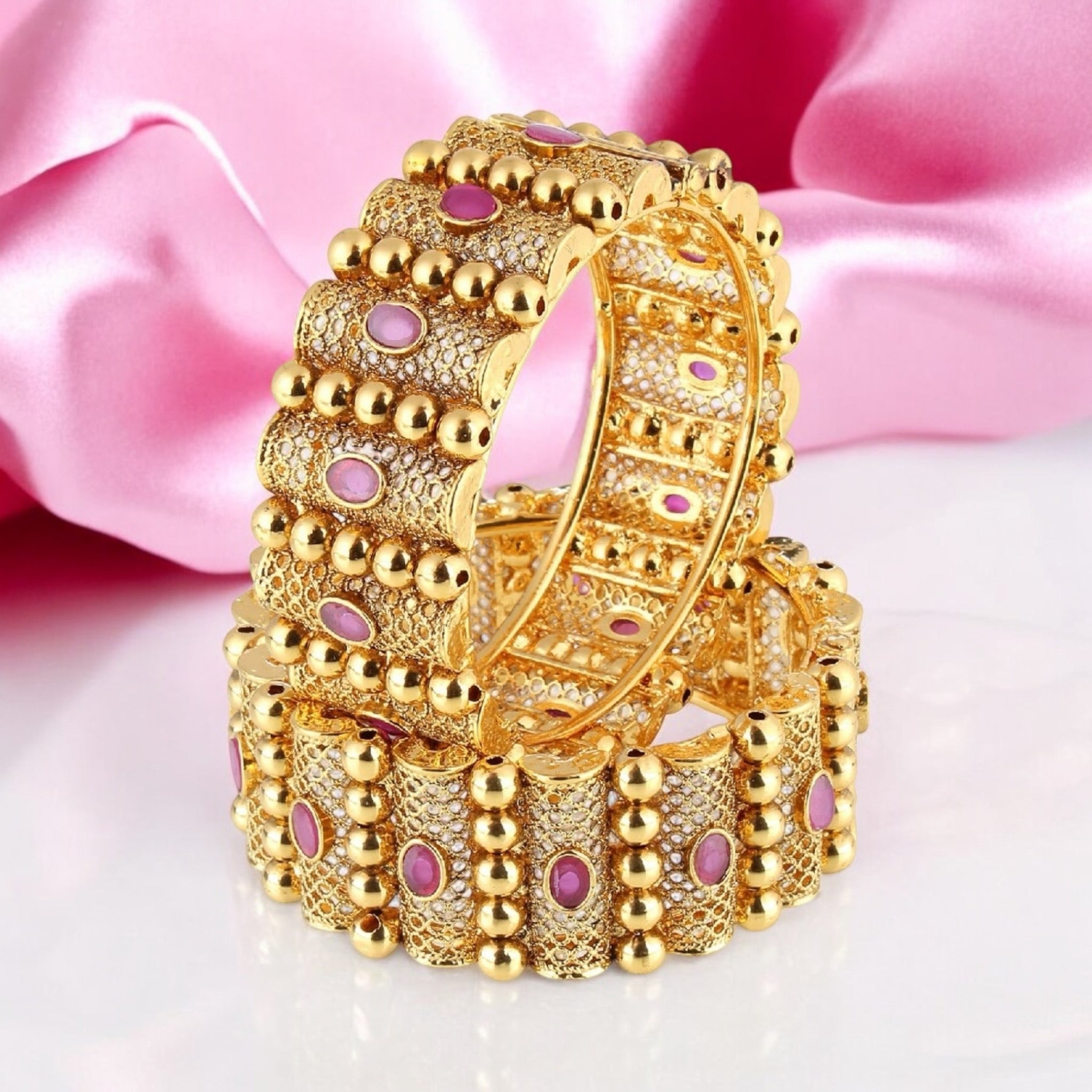 Lavish Giftz Gold Plated Handcrafted Ruby Stone Studded Bangles - Set Of 2