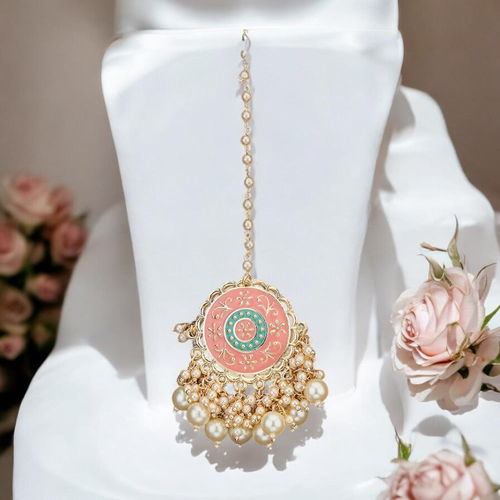 Lavish Giftz Gold Plated Bollywood Style Pink Maang Tikka