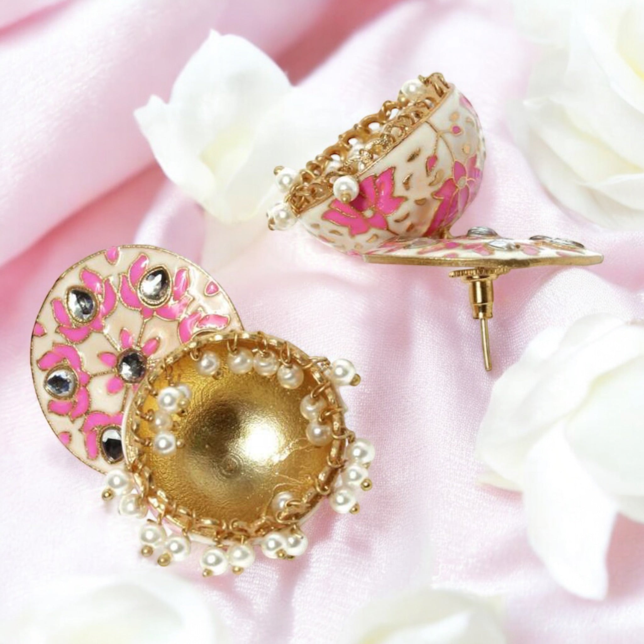 Lavish Giftz Gold Plated Off-White and Pink Enamelled Jhumka Earrings