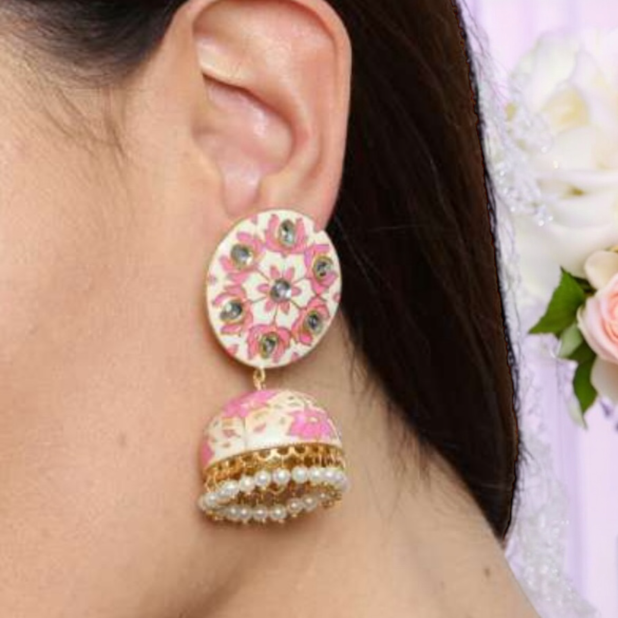Lavish Giftz Gold Plated Off-White and Pink Enamelled Jhumka Earrings