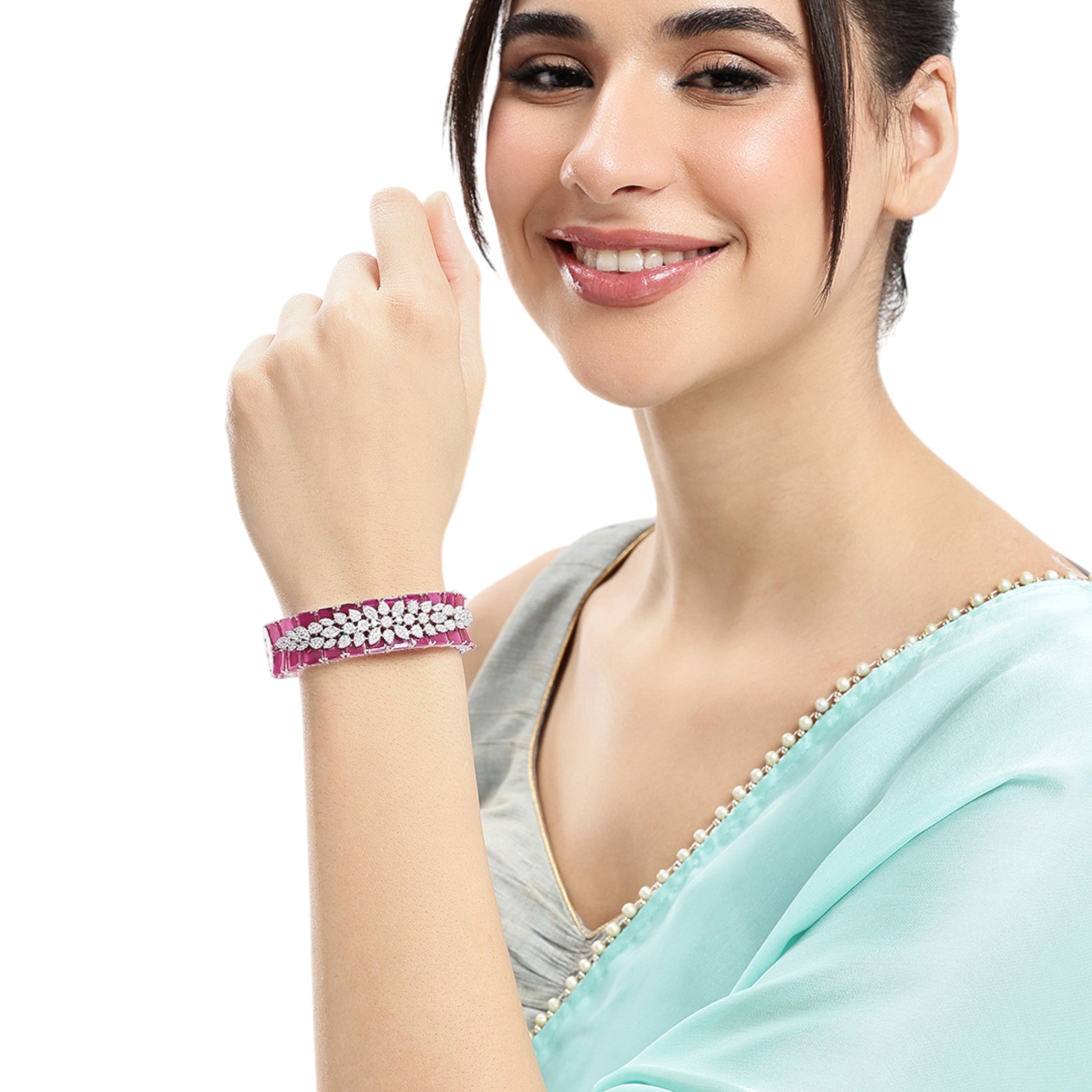 Women Cubic Zirconia Rhodium-Plated Kada Bracelet