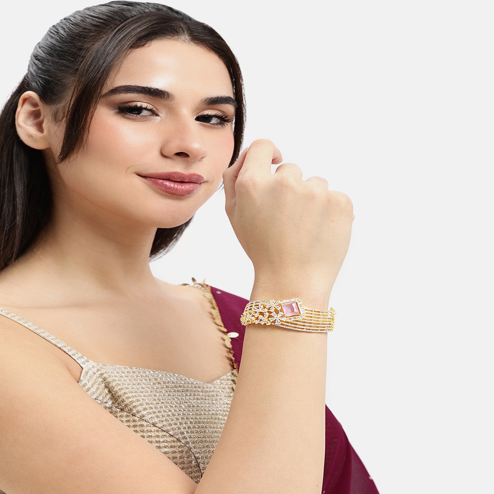 Women Gold-Plated Cubic Zirconia Studded Kada Bracelet