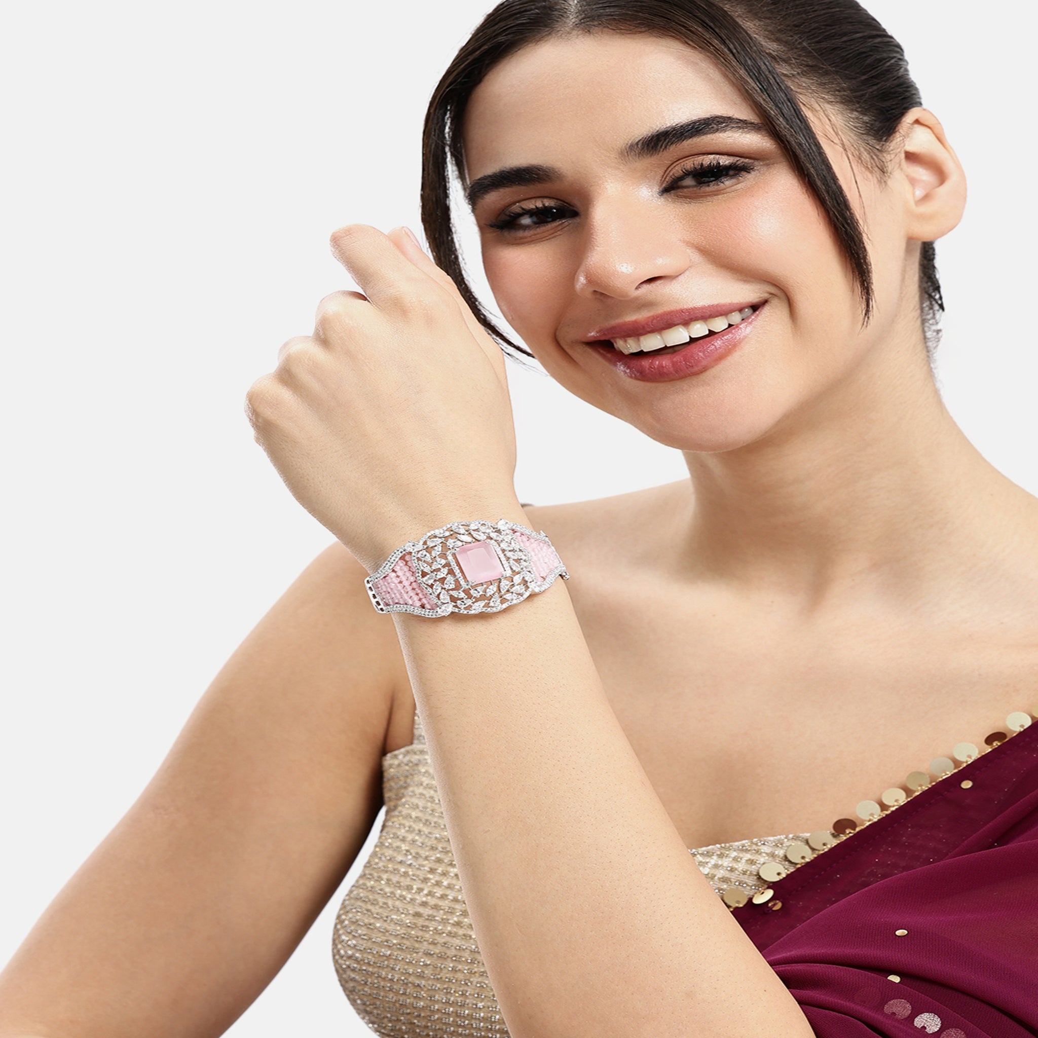 Women Rhodium-Plated Cubic Zirconia Studded Kada Bracelet