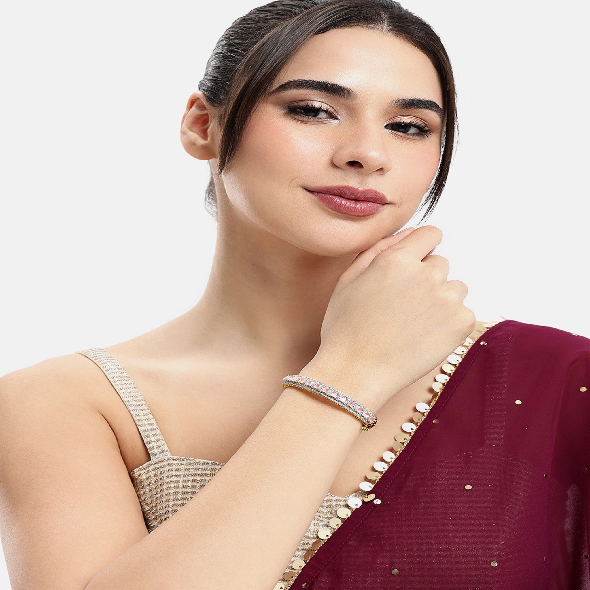 Women Gold-Plated Cubic Zirconia Studded Kada Bracelet