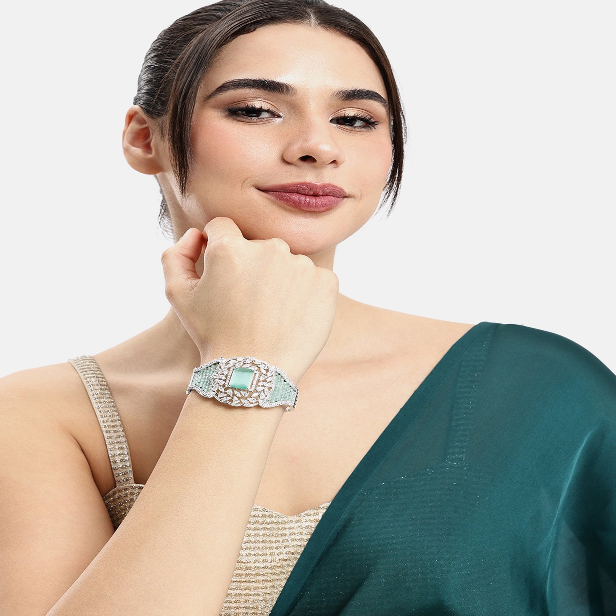 Women Cubic Zirconia Rhodium-Plated Kada Bracelet