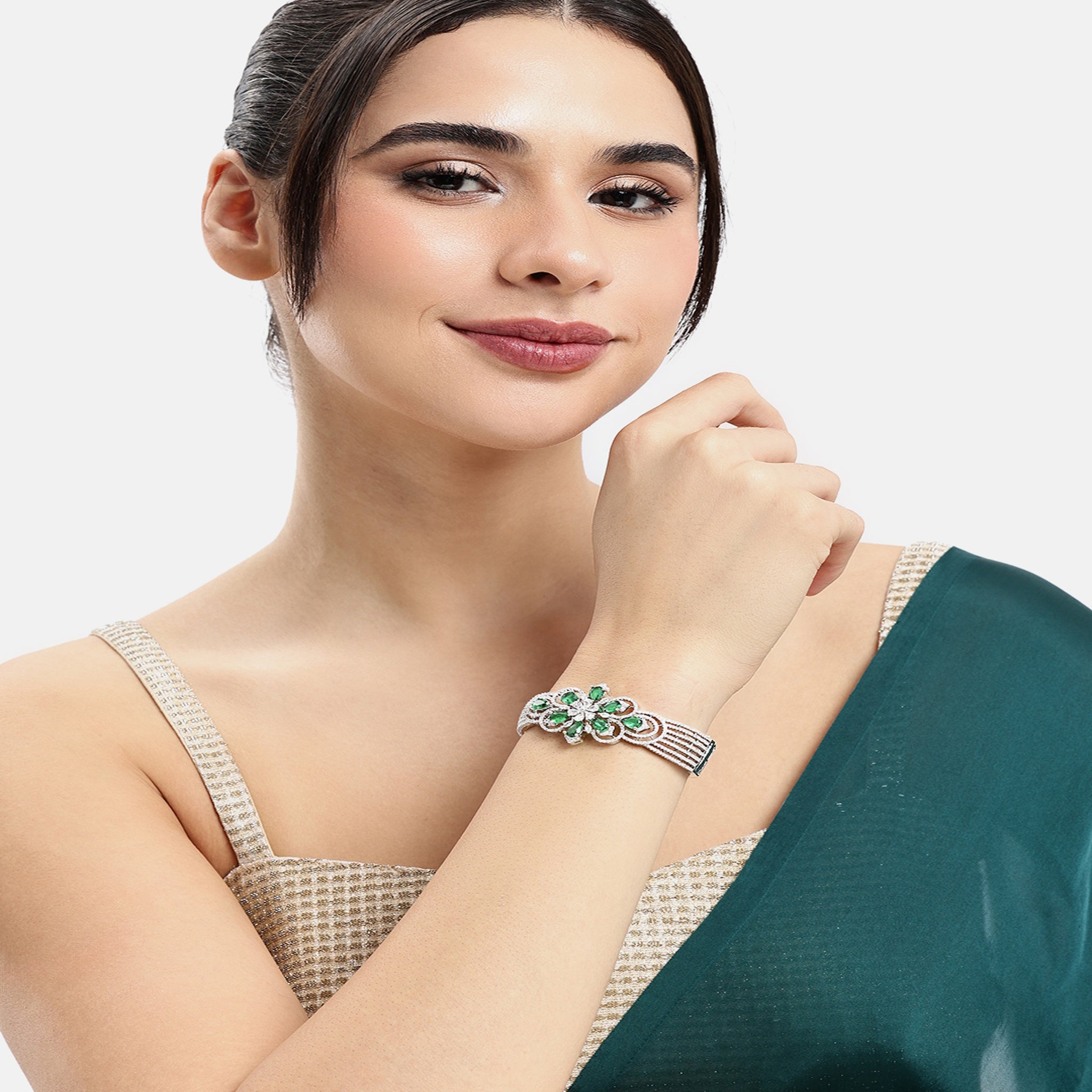 Women Cubic Zirconia Rhodium-Plated Kada Bracelet