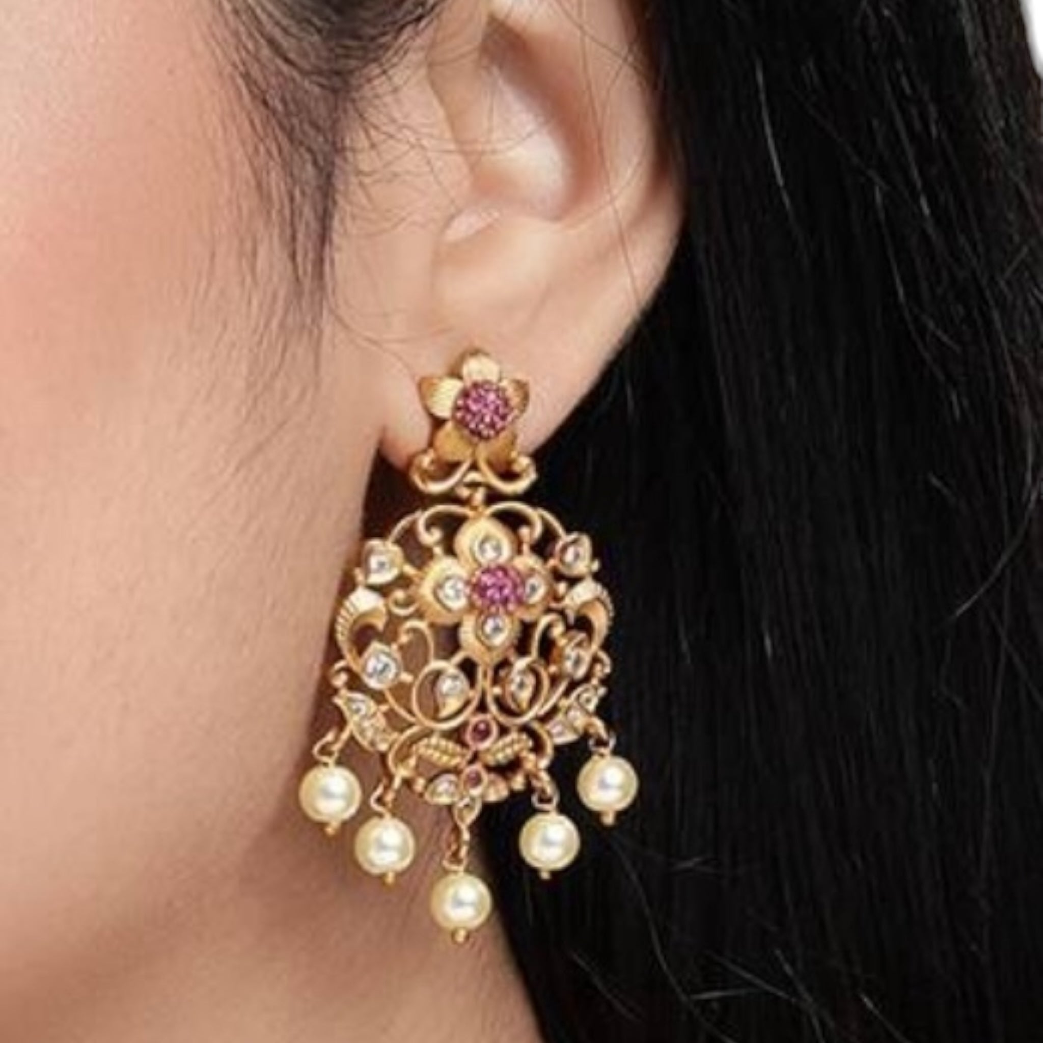 Lavish Giftz Gold Plated Pink Ruby Studded & White Beaded Handcrafted Necklace Set