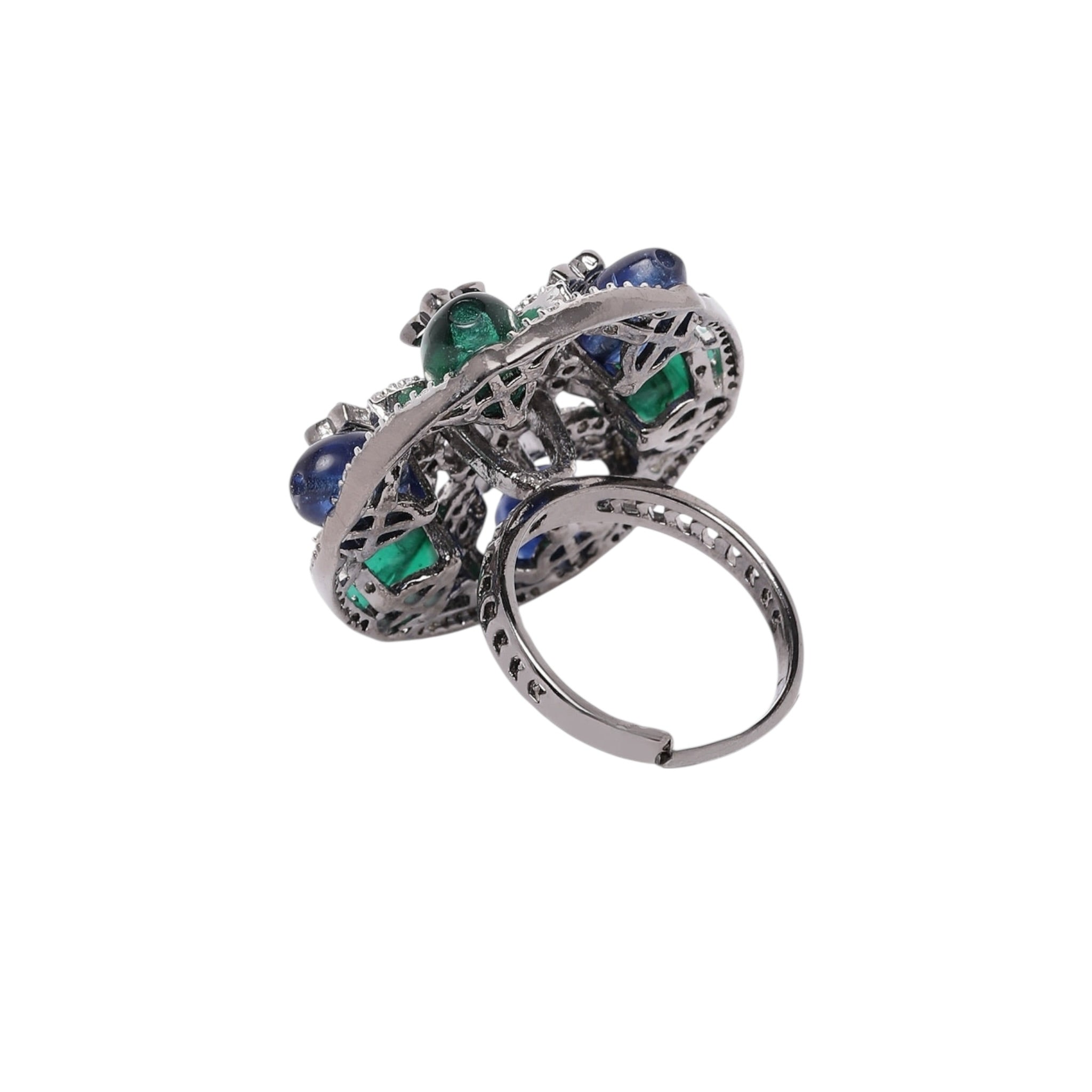Lavish Giftz Adjustable Cubic Zirconia Blue Green Statement Ring With Black Plating