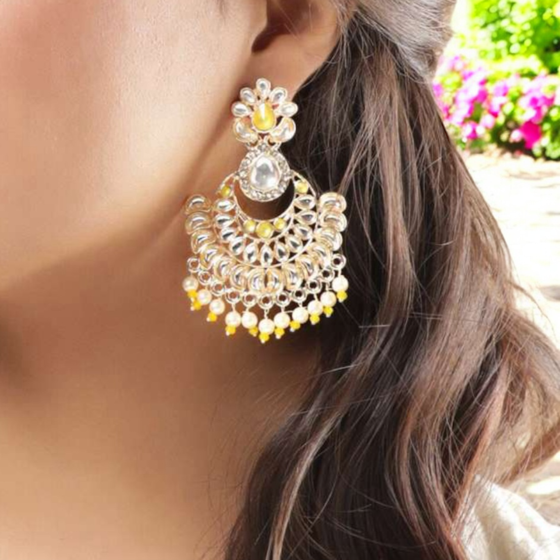 Lavish Giftz Gold Plated Yellow Beads Kundan Chandbali Earrings