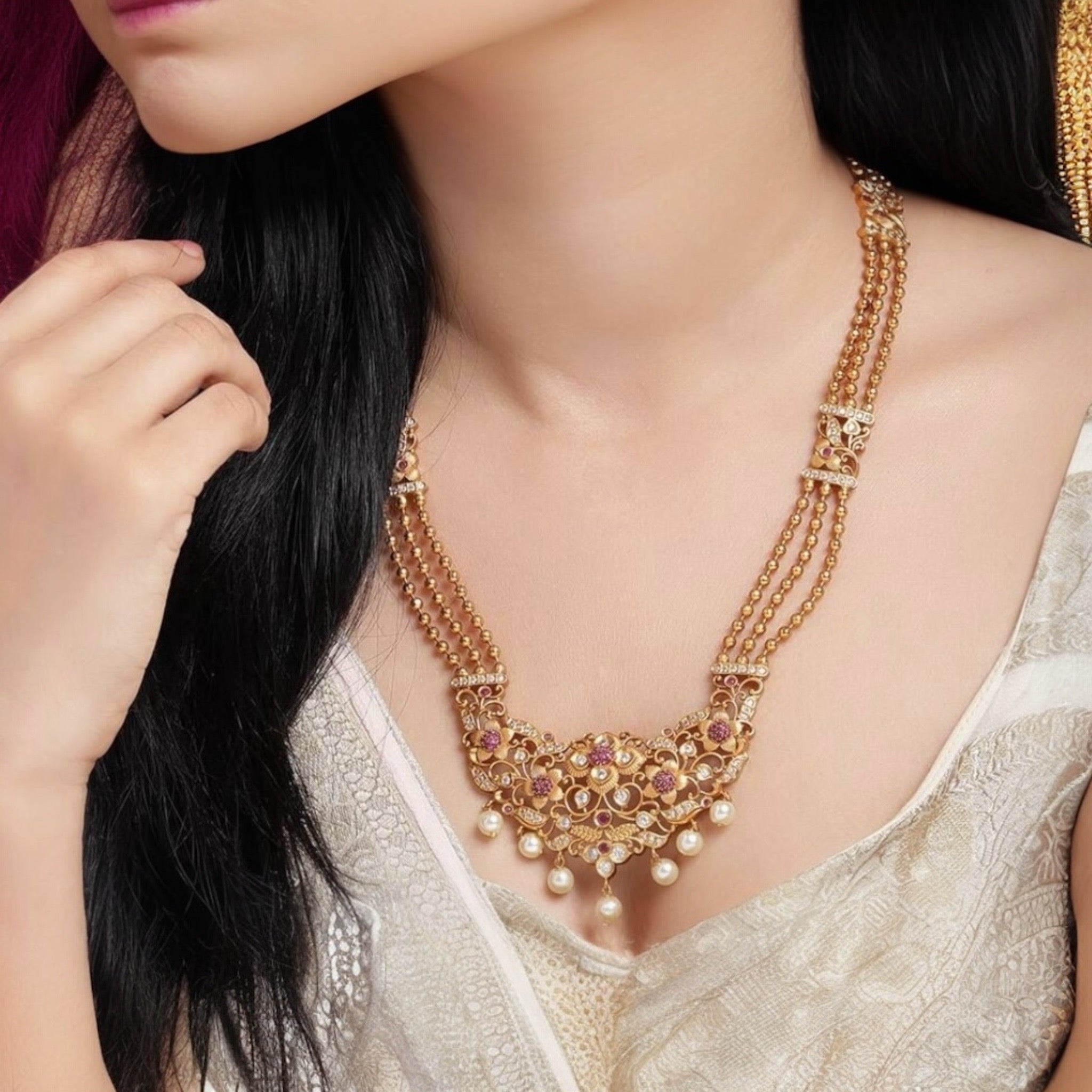 Lavish Giftz Gold Plated Pink Ruby Studded & White Beaded Handcrafted Necklace Set