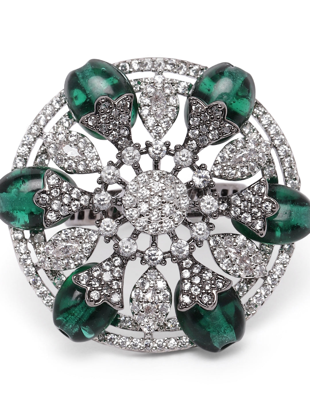 Lavish Giftz Adjustable Cubic Zirconia Green Statement Ring With Black Plating