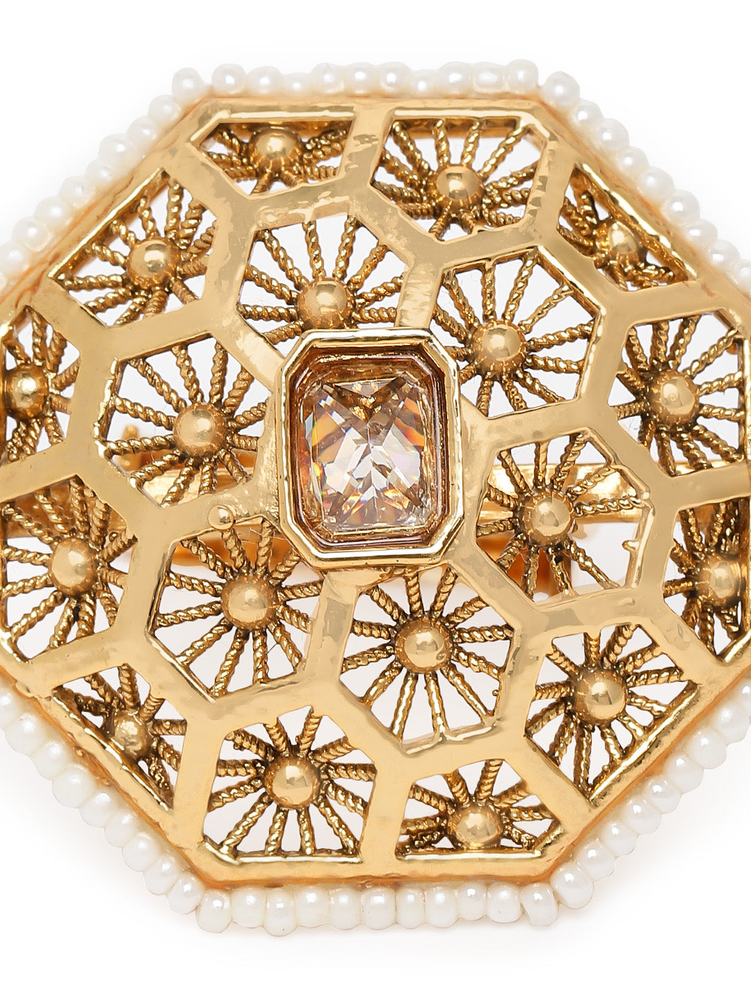 Lavish Giftz Gold-Plated Antique Adjustable Kundan Handcrafted Finger Ring With Pearl Accents
