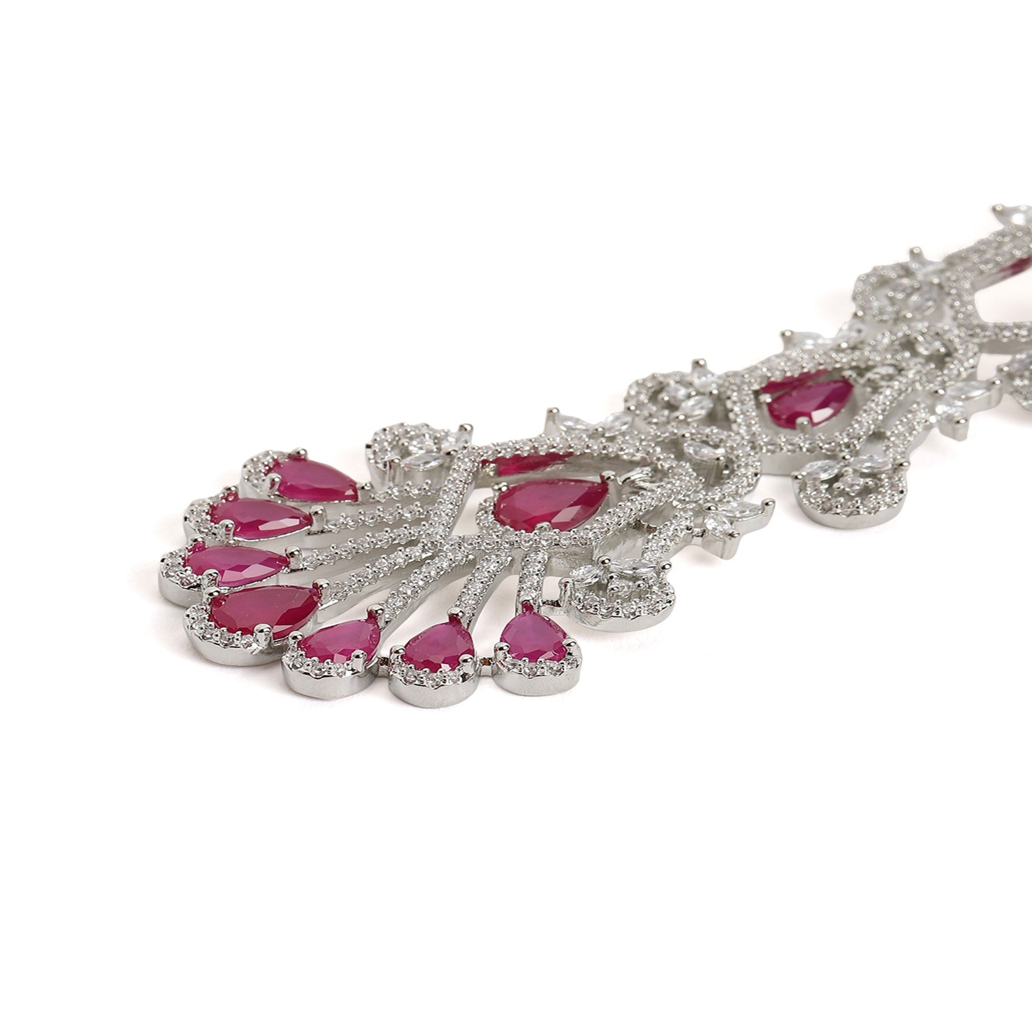 Silver-Toned Ruby Statement Dangler Long Earrings