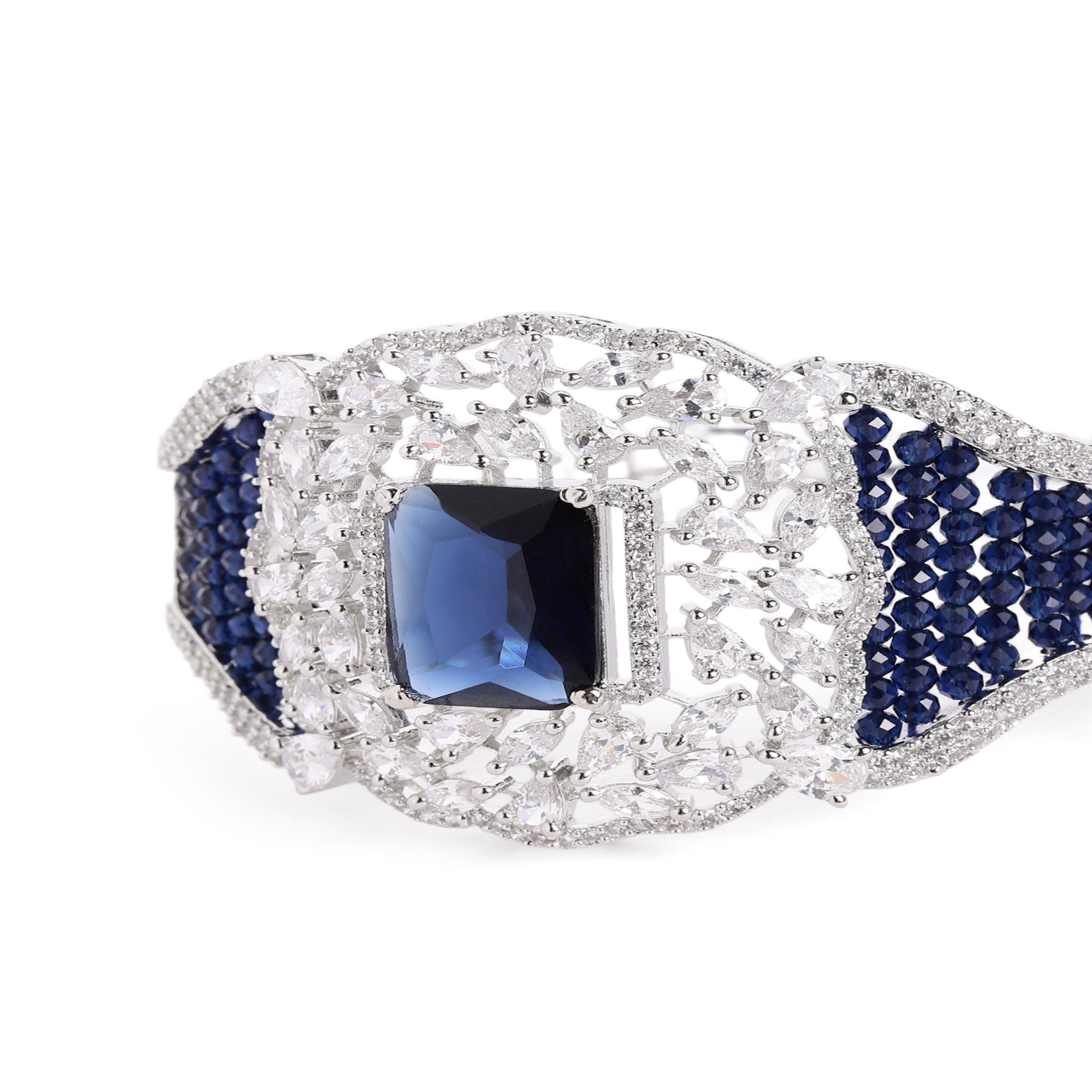 Women Cubic Zirconia Rhodium-Plated Kada Bracelet-Blue