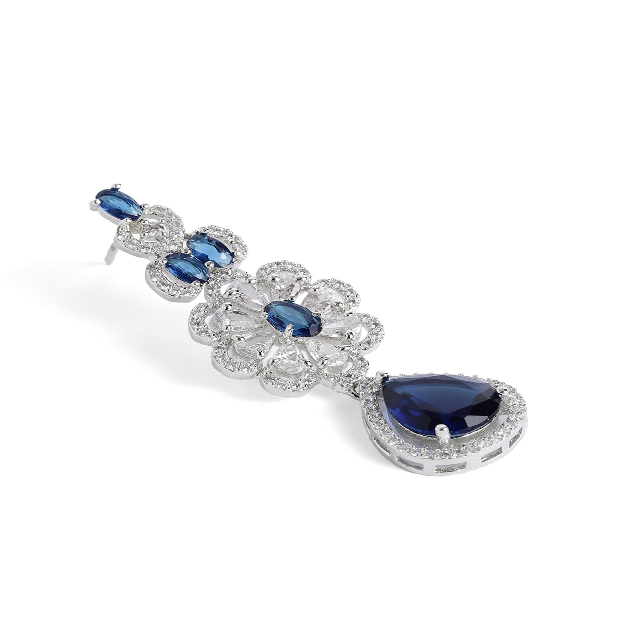 Rhodium-Plated Silver-Toned & Blue AD-Studded Jewellery Set