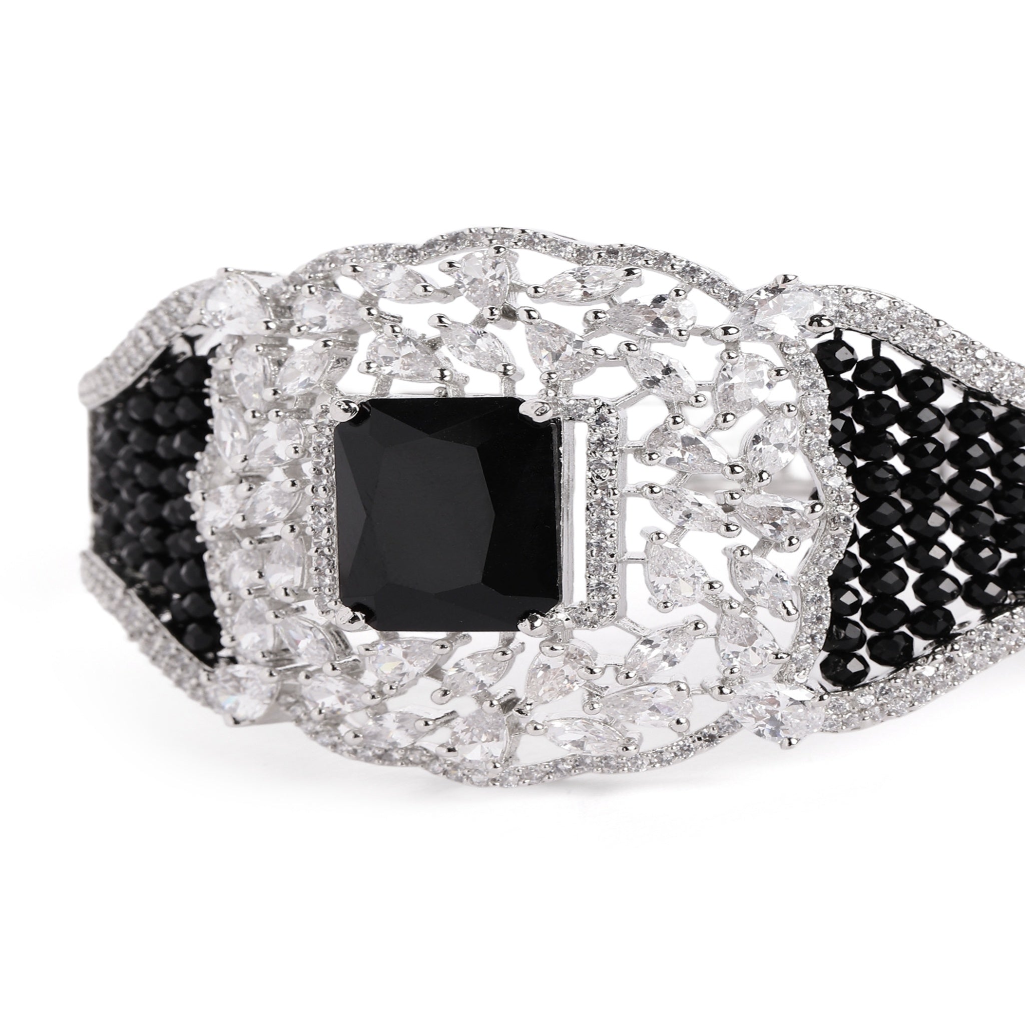 Women Cubic Zirconia Handcrafted Rhodium-Plated Kada Bracelet-Black