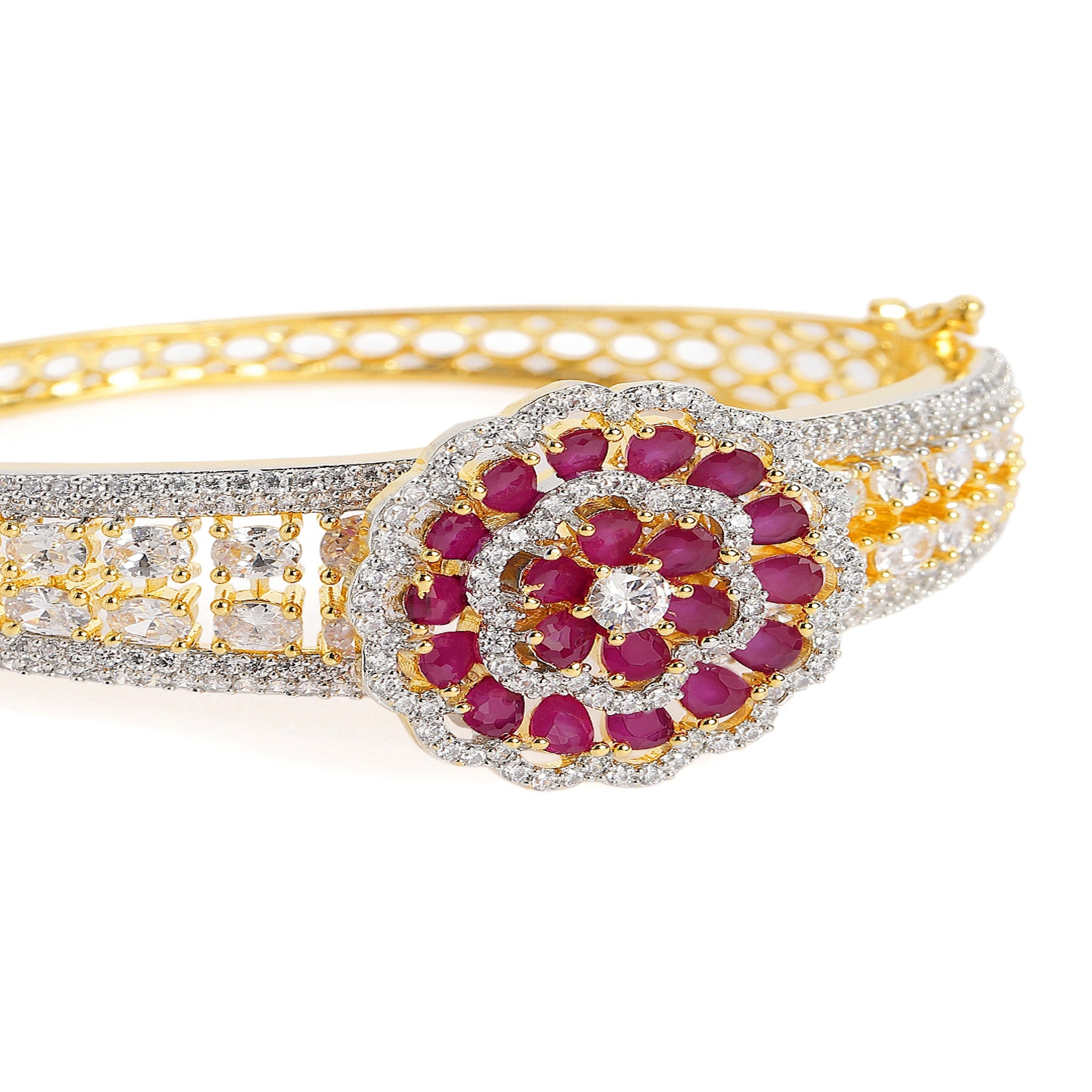Women Cubic Zirconia Gold-Plated Kada Bracelet-Ruby